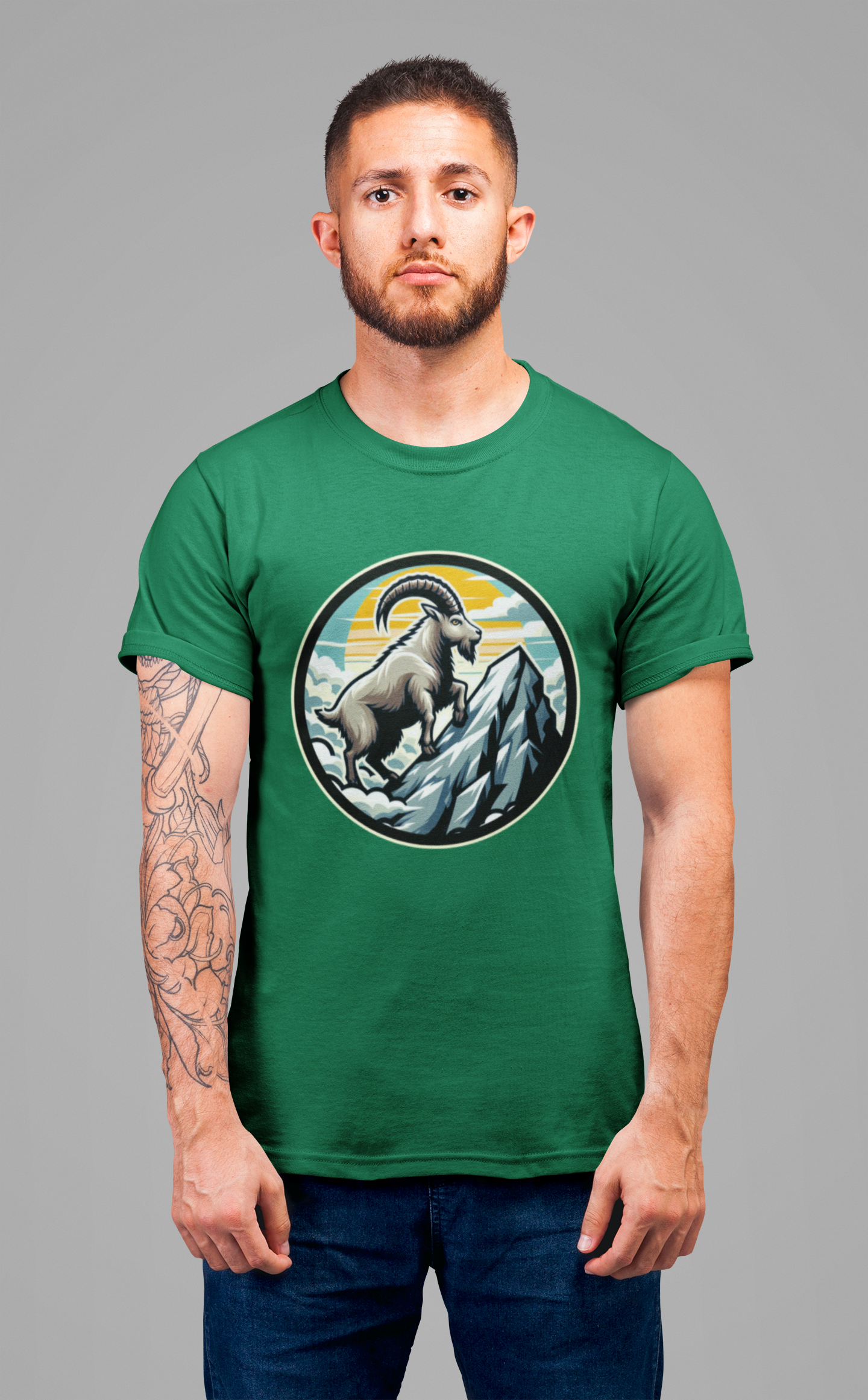 Majestic Mountain Goat on Summit with Sun and Clouds Graphic T-Shirt