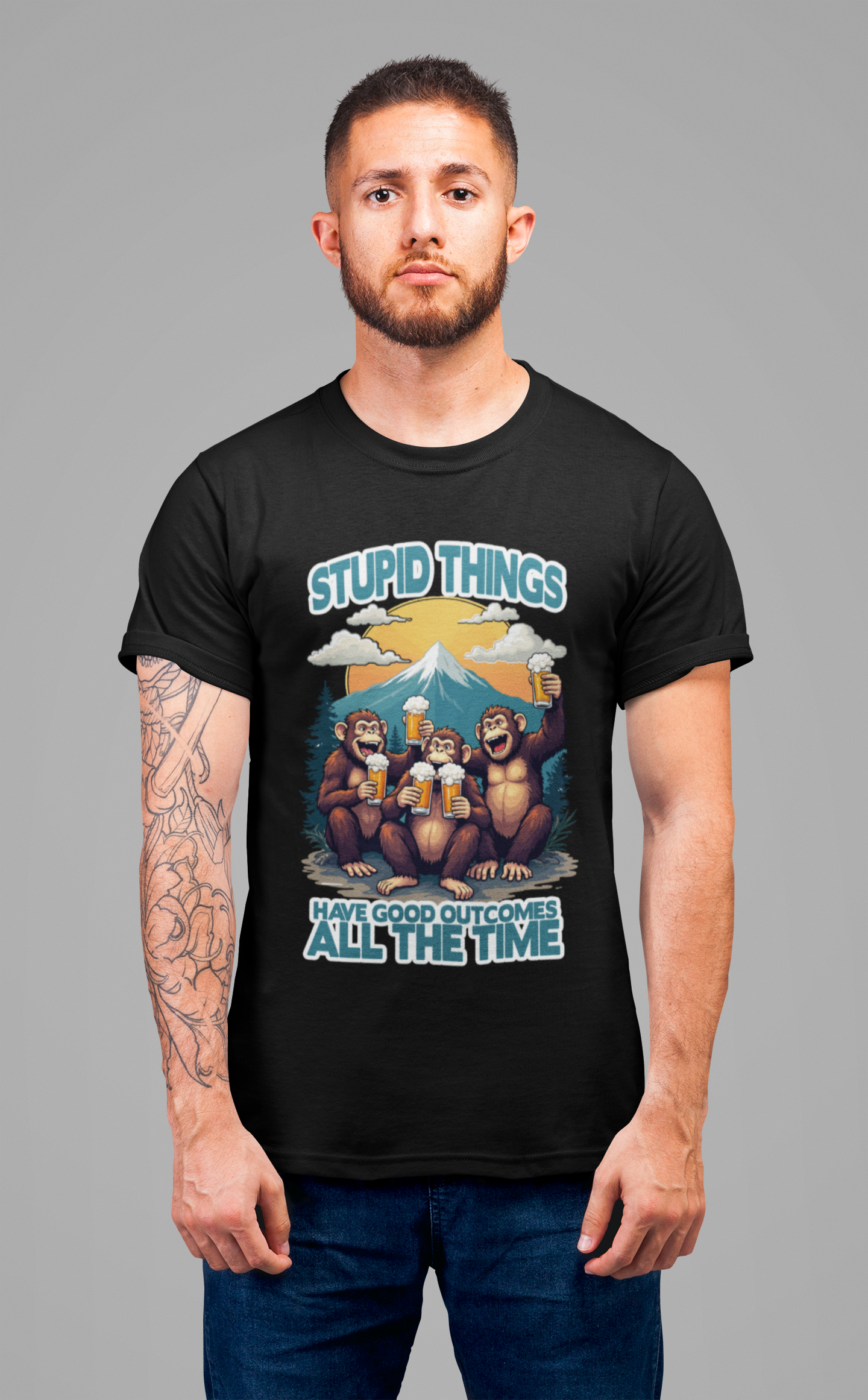 Stupid Things Have Good Outcomes Tshirt – Three Monkeys Cheers with Beer Mugs & Mountain Scene