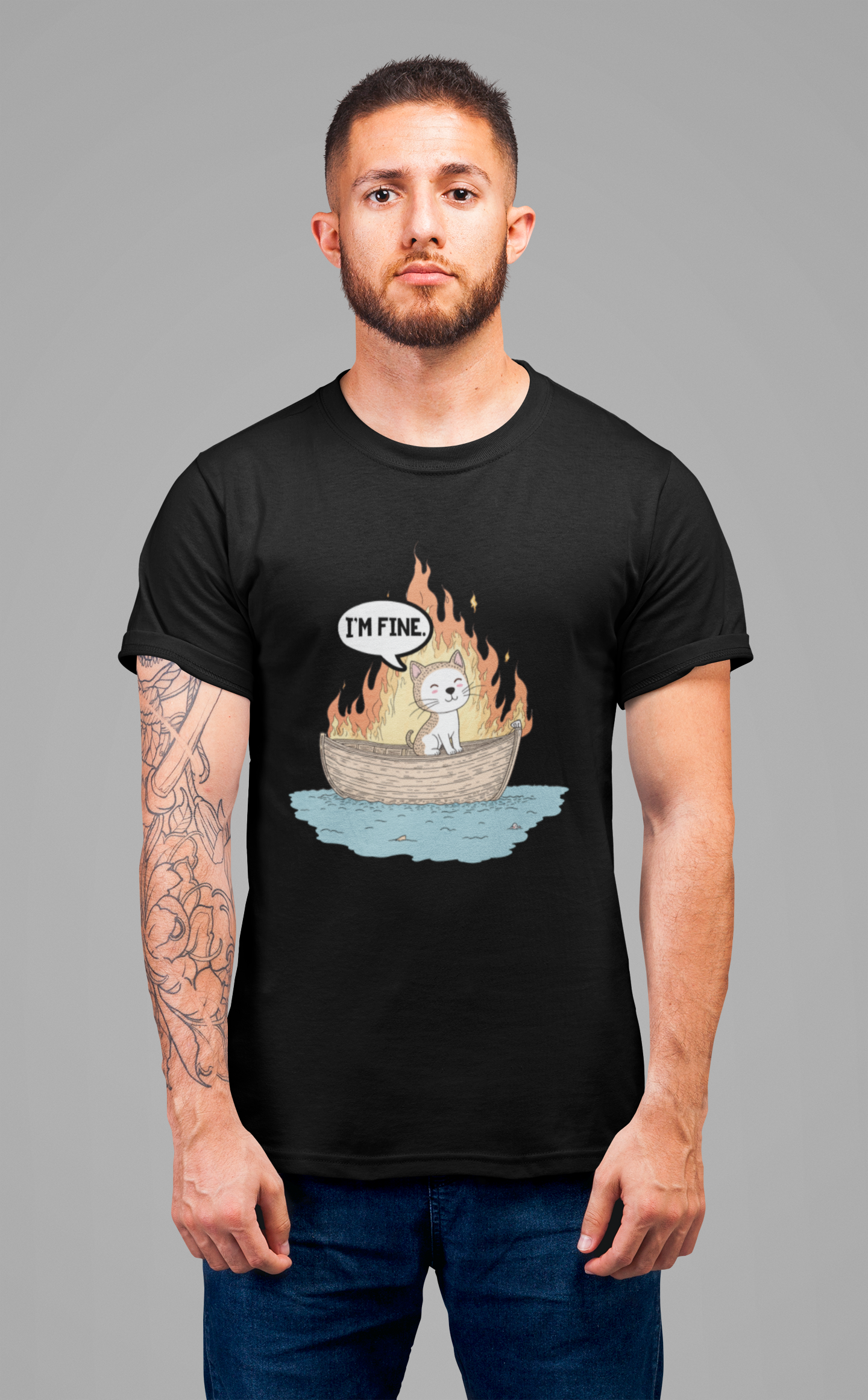 Im Fine Cat In Boat On Fire Tshirt Cat Sitting in Burning Boat Humor