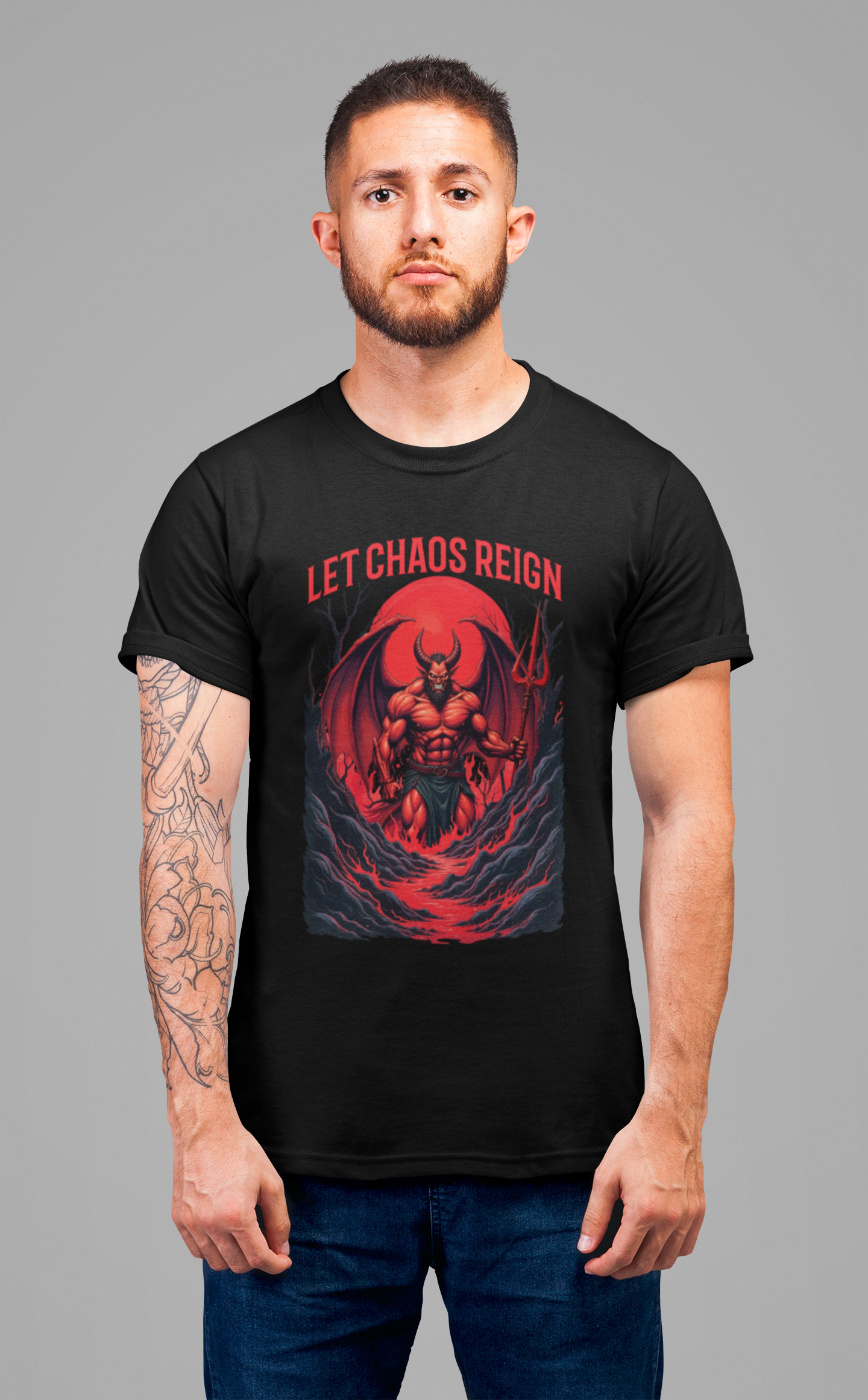 Let Chaos Reign – Fierce Beast with Wings on Fiery under Red Moon Graphic T-Shirt