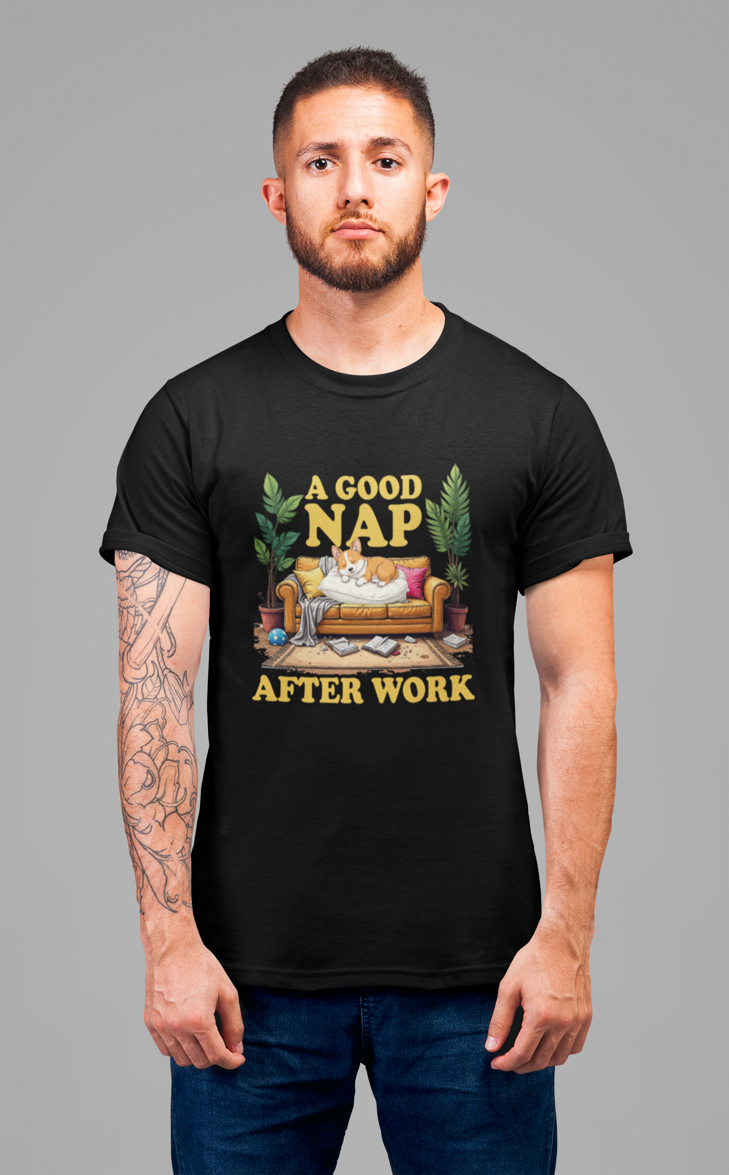 A Good Nap After Work – Sleeping Dog on Sofa Graphic T-Shirt