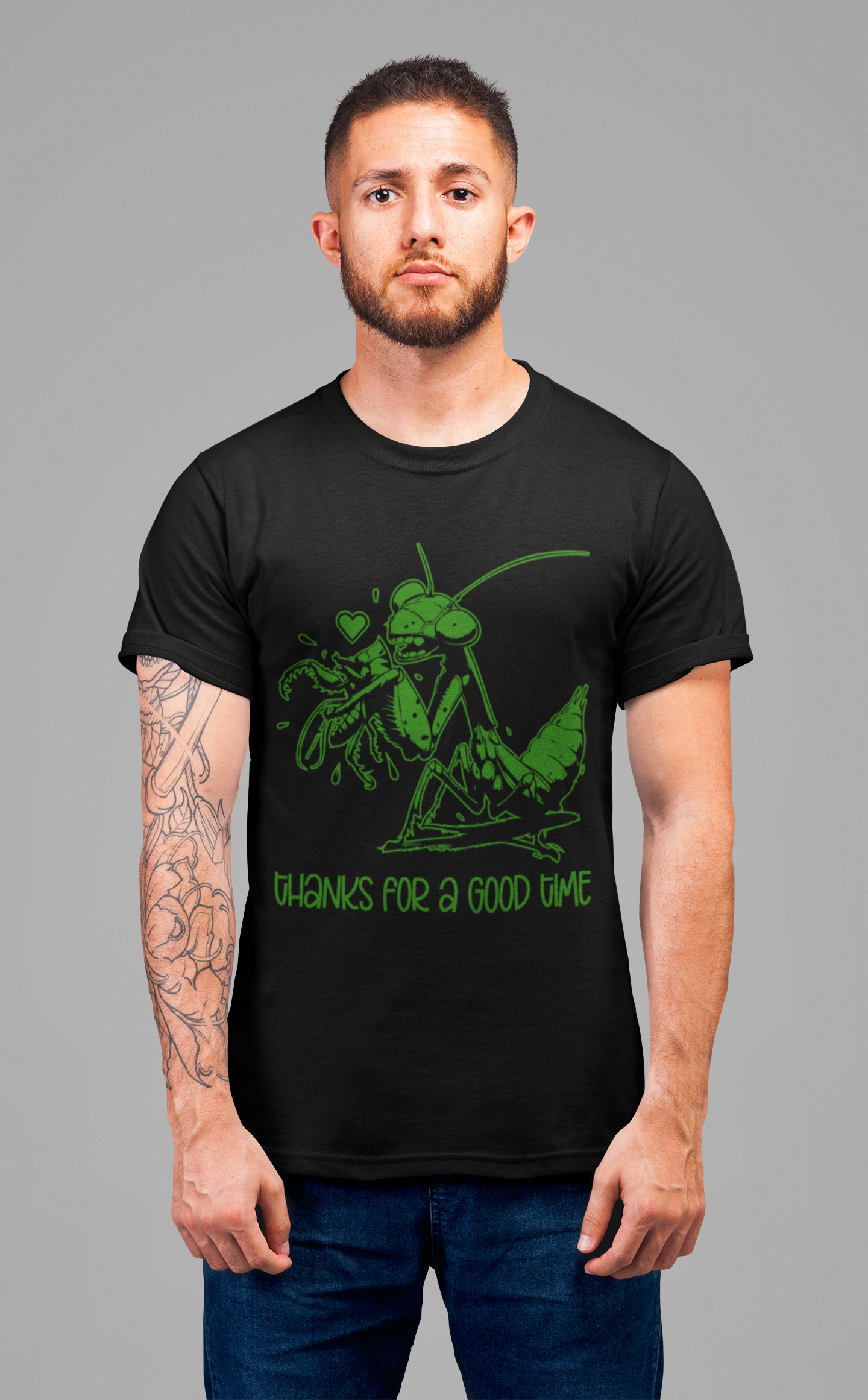 Thanks for a Good Time T-Shirt – Playful Grasshopper Eating Male Graphic Tee