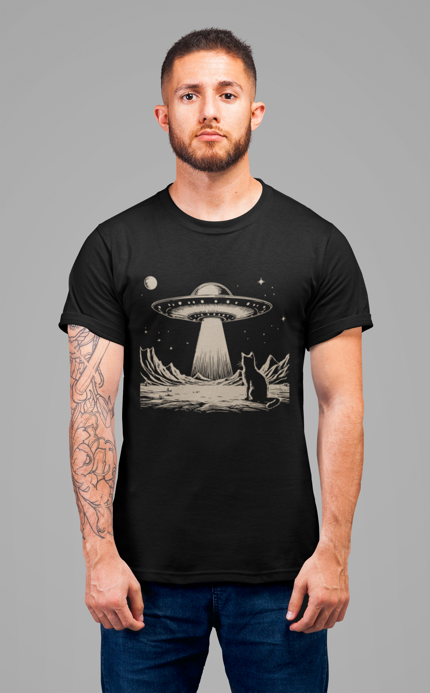 Cat Watching UFO T-Shirt – Mysterious Space Scene Graphic Tee