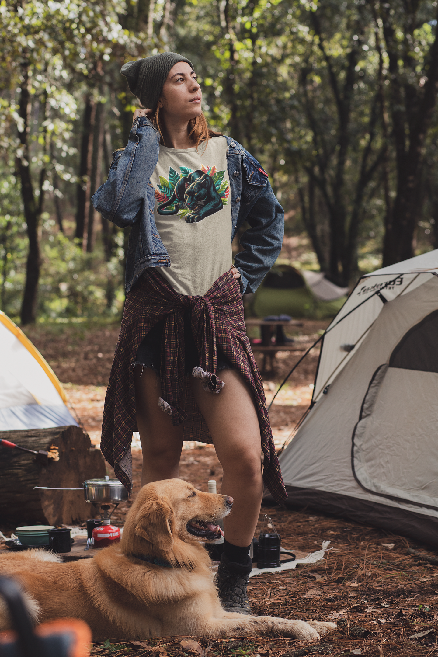 Wild and Beautiful - Black Panther with Claws Out and Jungle Leaves Graphic T-Shirt