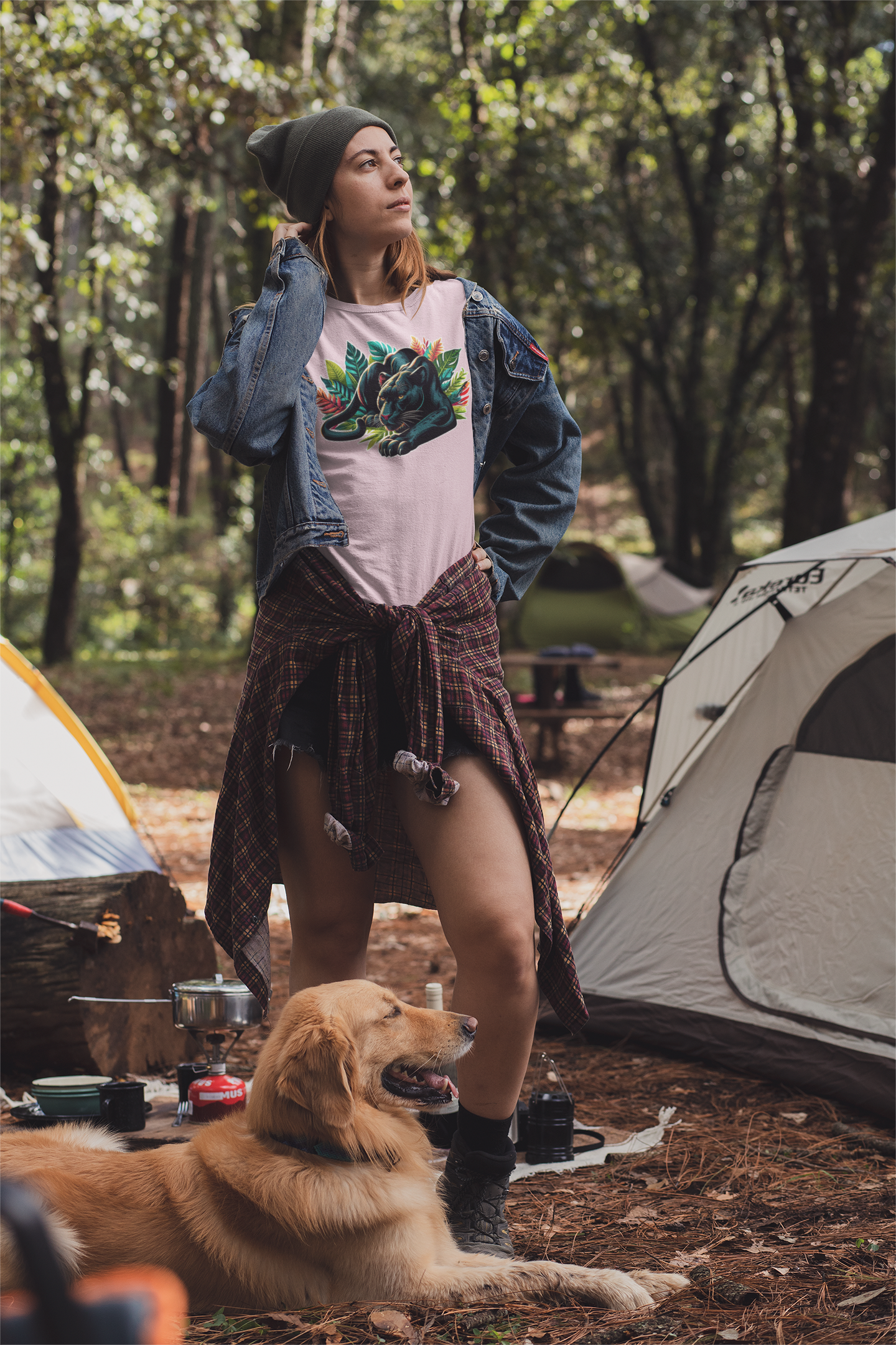 Wild and Beautiful - Black Panther with Claws Out and Jungle Leaves Graphic T-Shirt