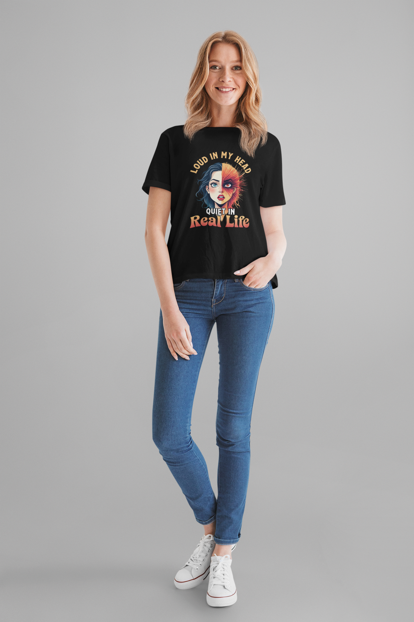 Loud in My Head, Quiet in Real Life – Split Face Puzzled Girl Graphic T-Shirt