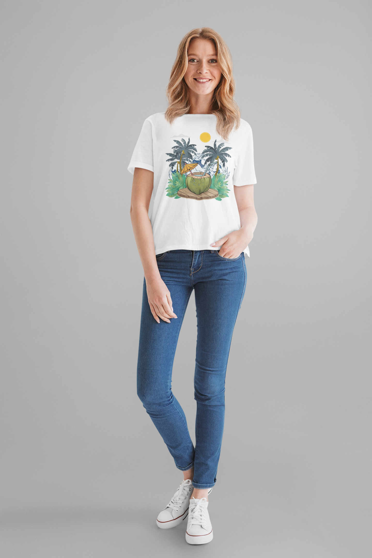 Paradise Found Tropical Refresh – Tender Coconut Drink with Palm Leaves & Ocean Waves Graphic T-Shirt