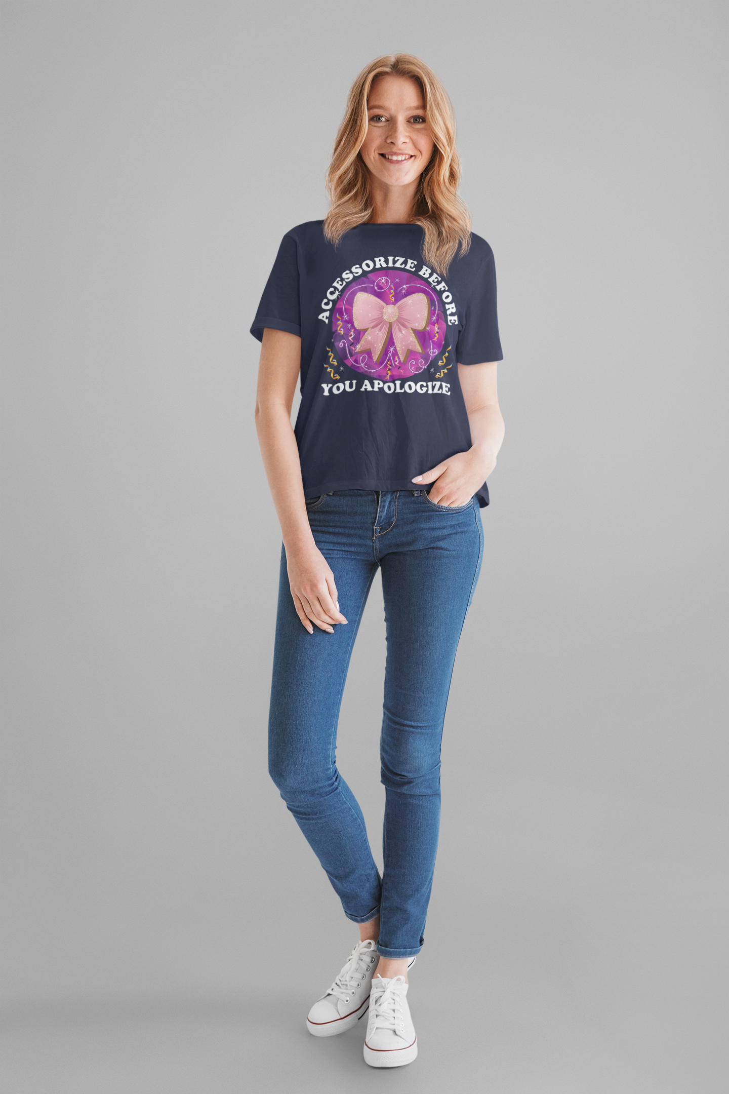 Accessorize Before You Apologize | Sparkling Bow & Confetti Graphic T-Shirt