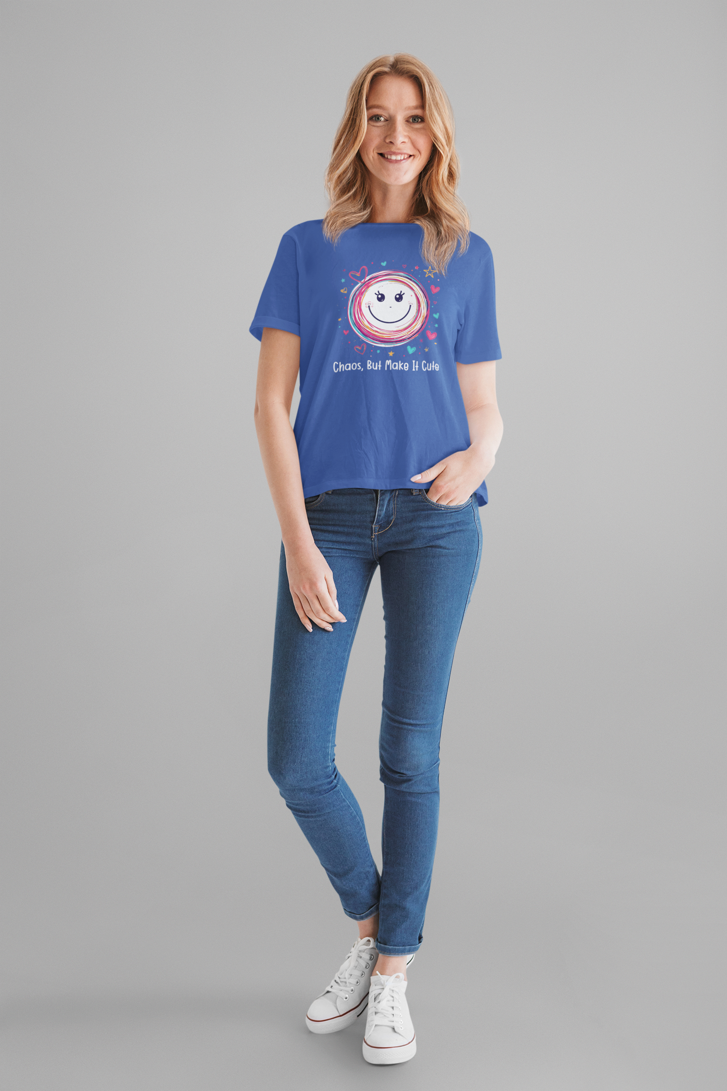 Chaos, But Make It Cute – Colorful Scribbled Circles with Smiley, Hearts & Stars Graphic T-Shirt