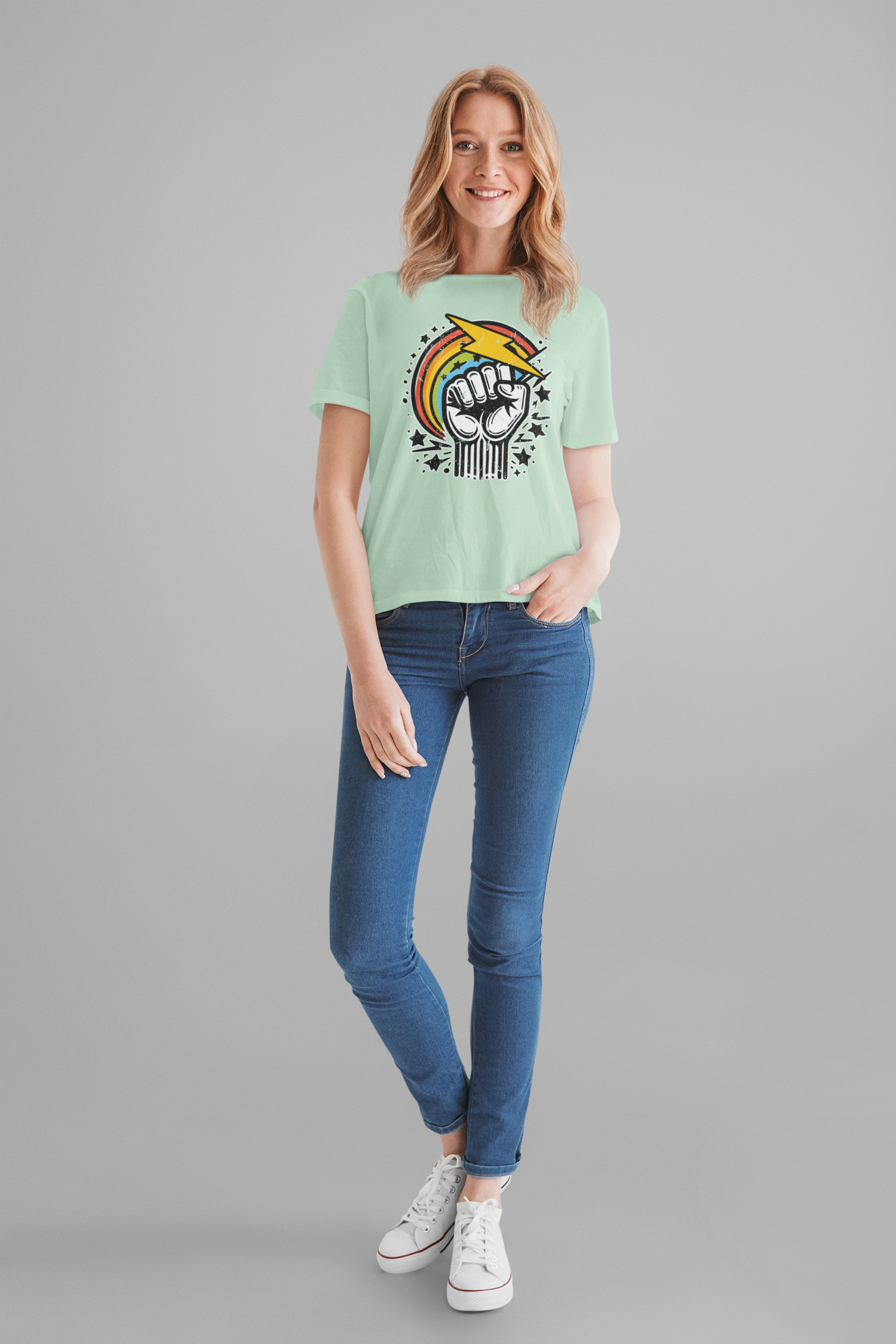 Rainbow Power & Pride – Raised Fist with Lightning Bolt and Rainbow Graphic T-Shirt