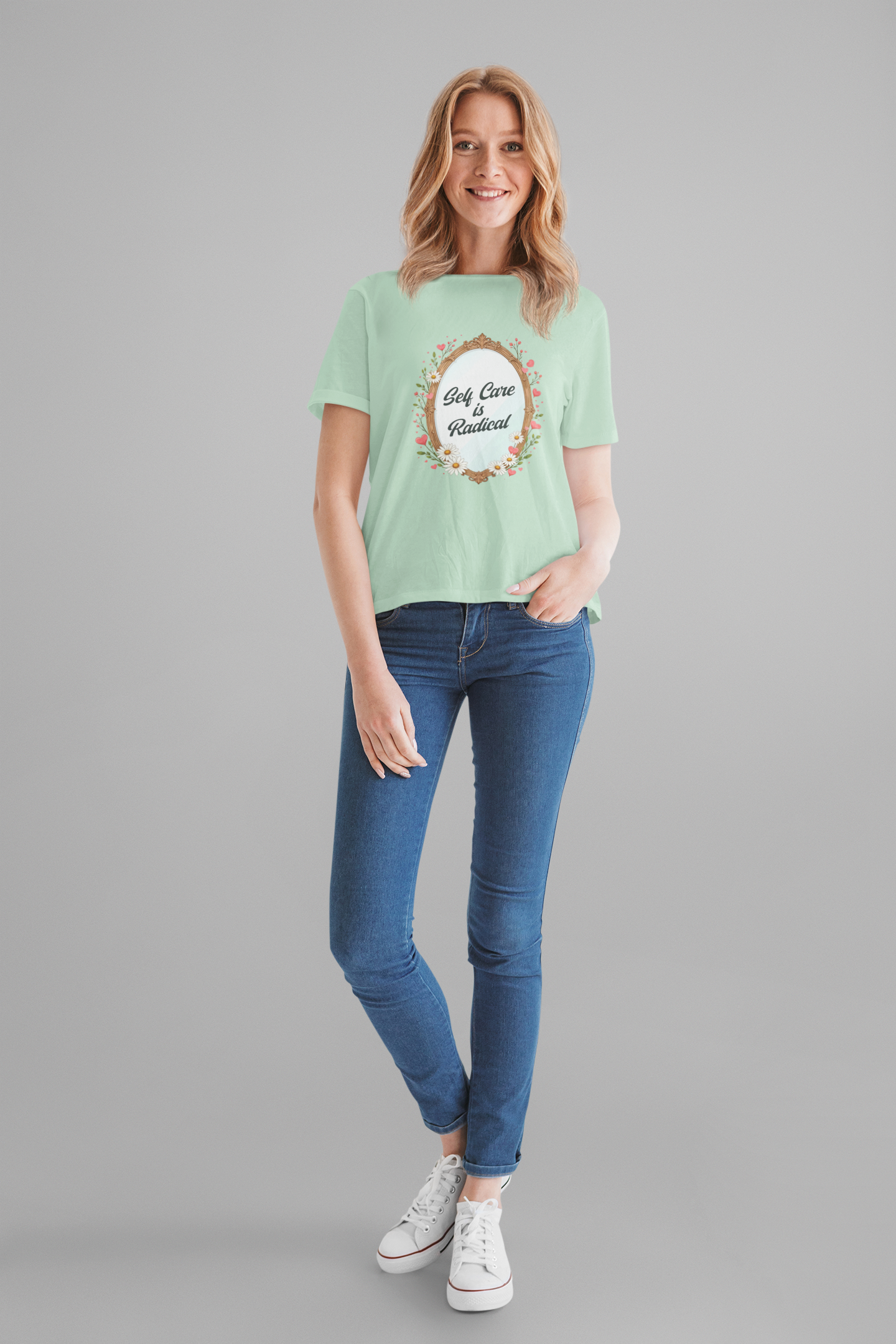 Self Care Is Radical – Floral Oval Mirror Graphic T-Shirt