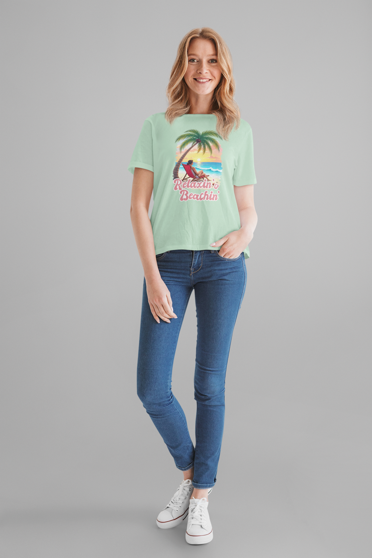 Recharge Mode Relaxin & Beachin' – Woman Lounging Under Palm Tree Beach Scene T-Shirt