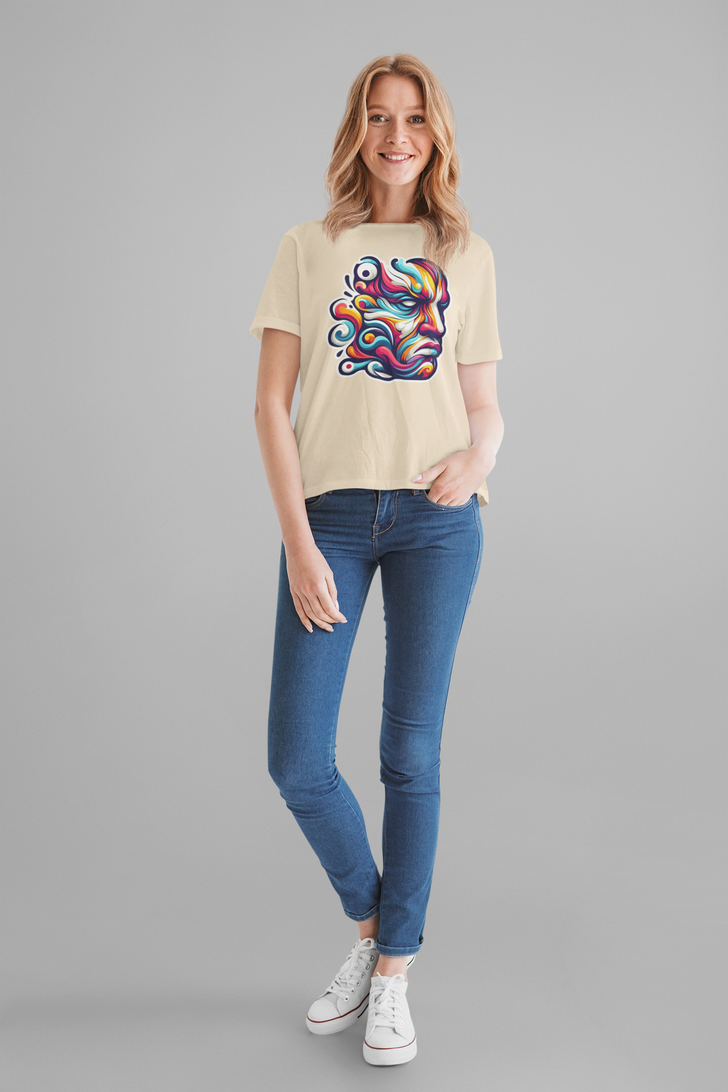 The Art of Expressionism Tshirt – Colorful Curved Strokes Forming a Vibrant Face