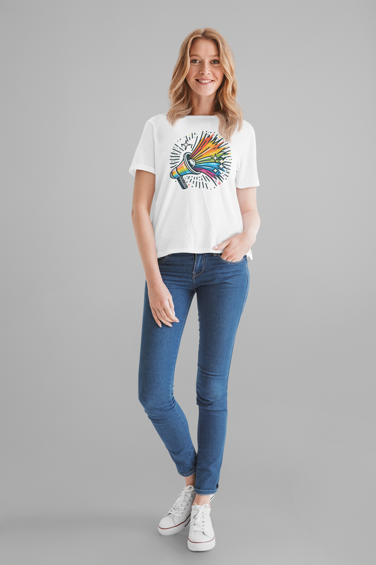 Proud & Loud – Colorful Handheld Speaker with Exploding Stars Graphic T-Shirt