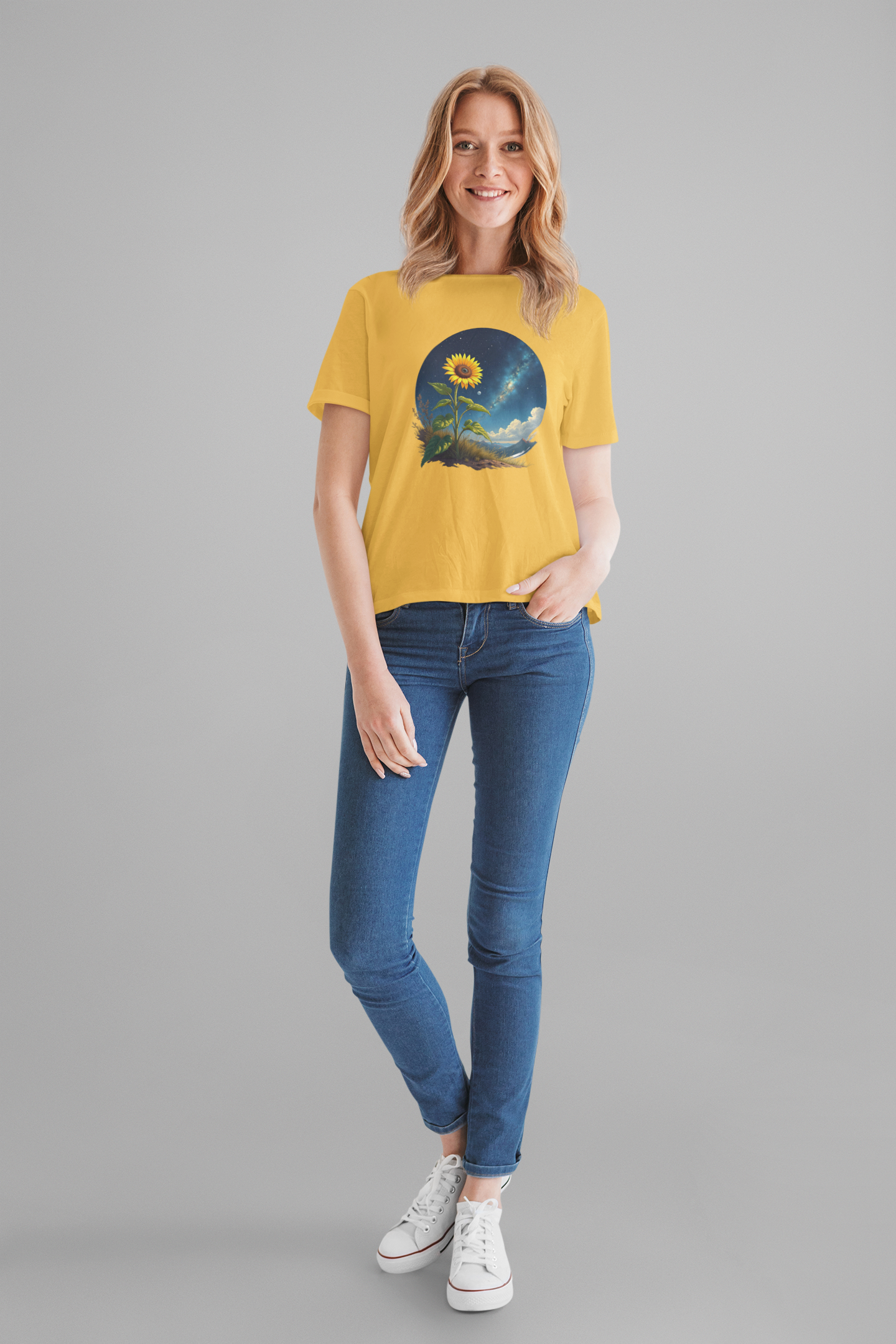 Cosmic Bloom Sunflower with Sky, Clouds & Mountains Reaction Graphic T-Shirt