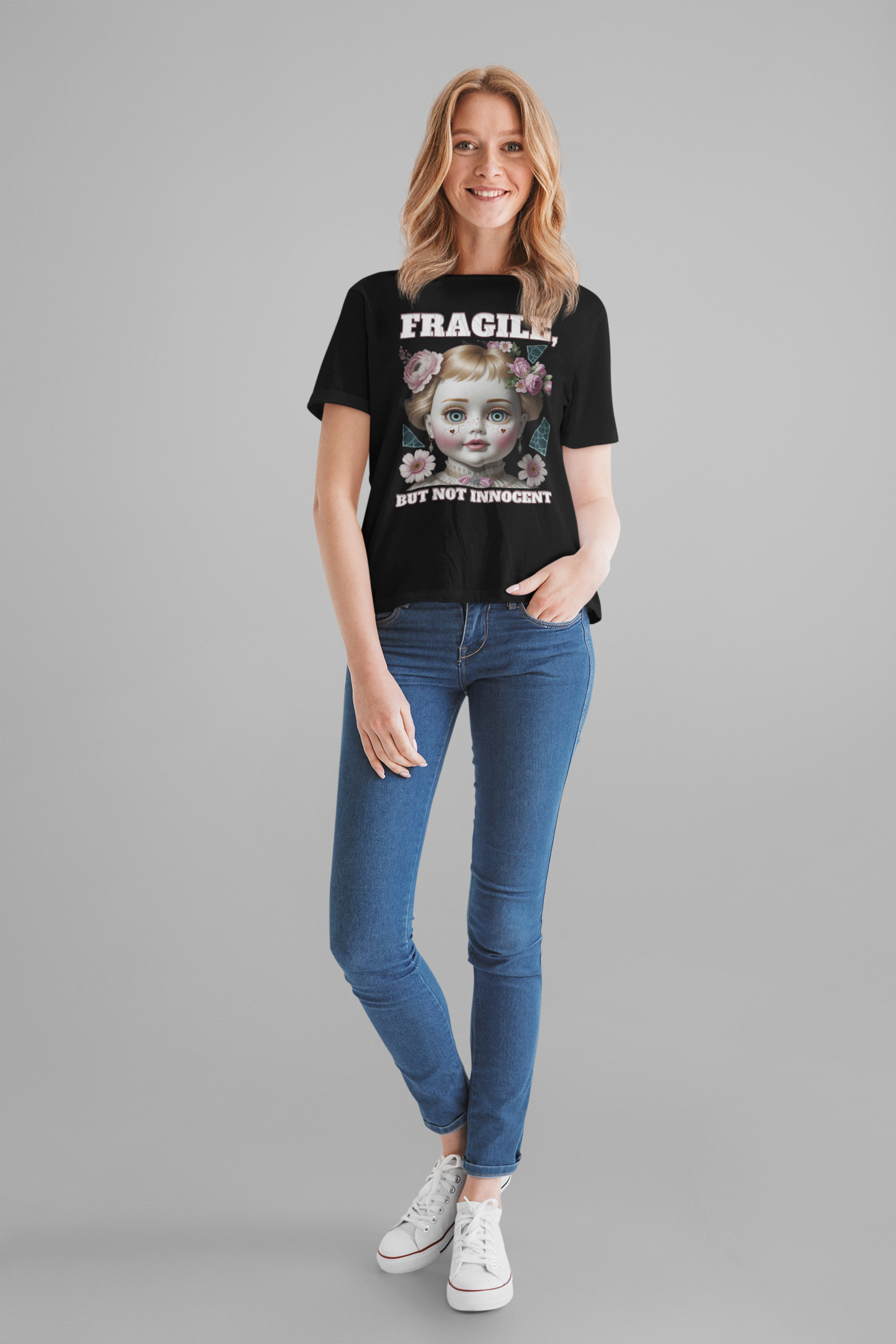 Fragile, But Not Innocent | Doll Face with Flowers & Cracks Graphic T-Shirt