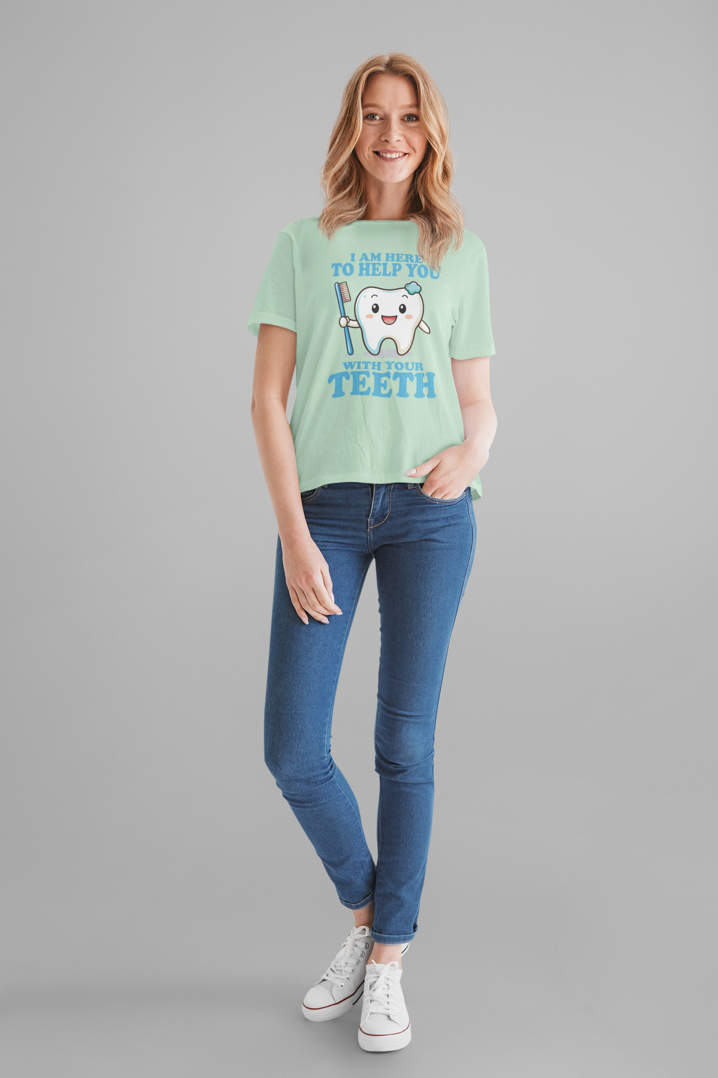 Smiling Tooth T Shirt with Toothbrush, Paste and "I'm Here to Help You With Your Teeth" Text