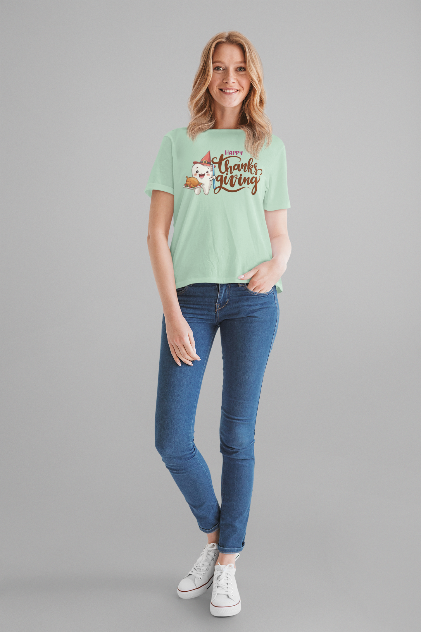 Happy Thanksgiving Dental T Shirt Smiling Tooth with Turkey Plate, Toothbrush, and a Cap