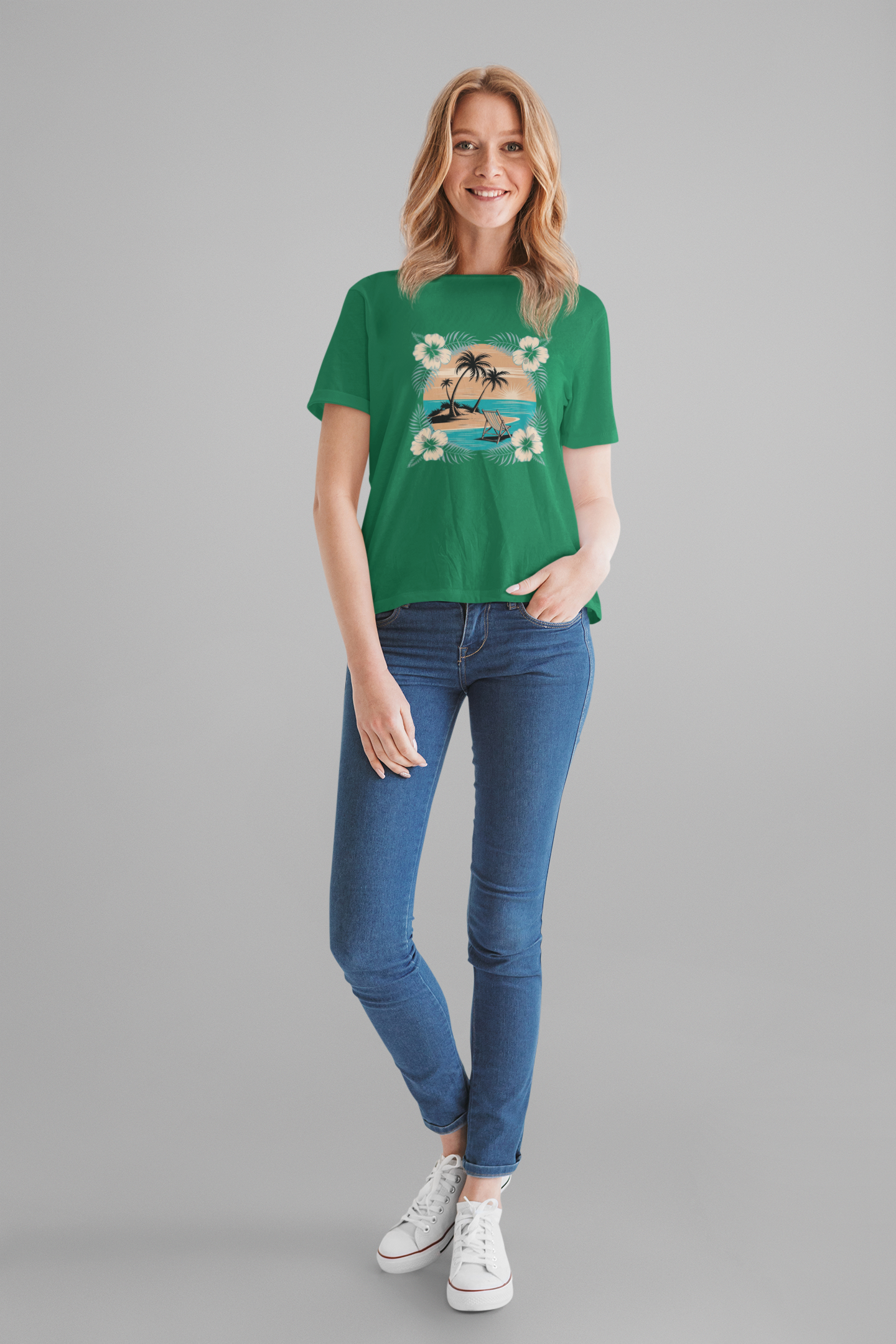 Tropical Escape – Beach Island Sunset with Floral Border Graphic T-Shirt