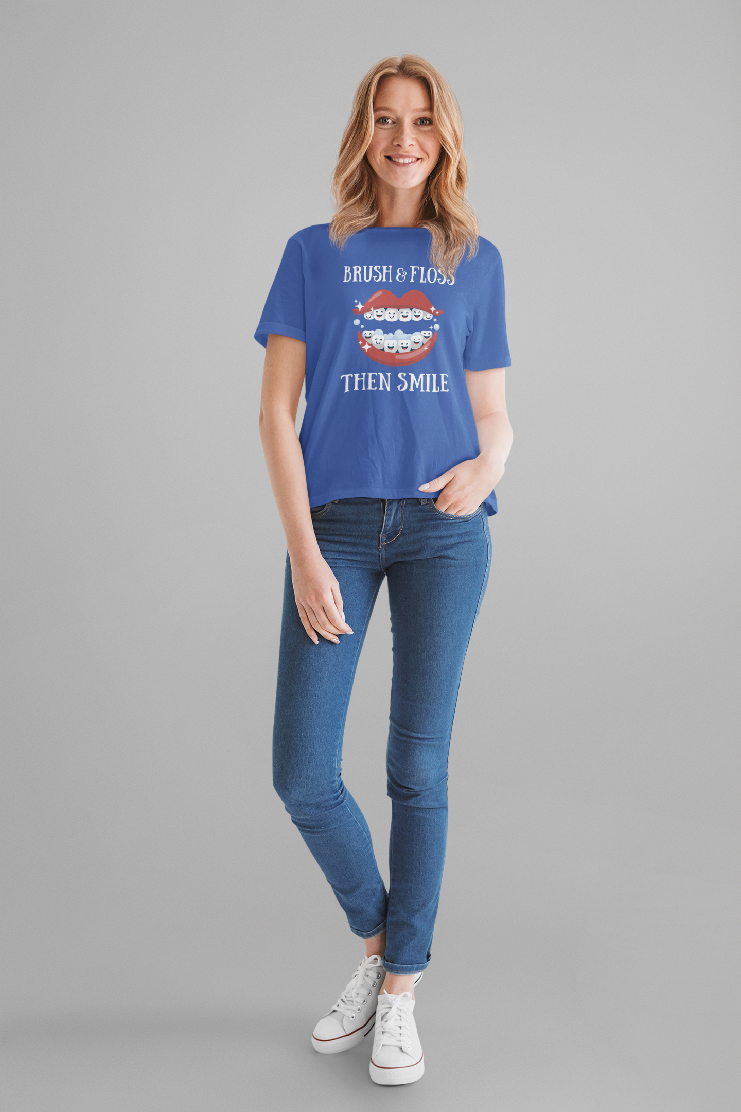 Brush and Floss Then Smile T Shirt Big Laughing Mouth Dental Humor