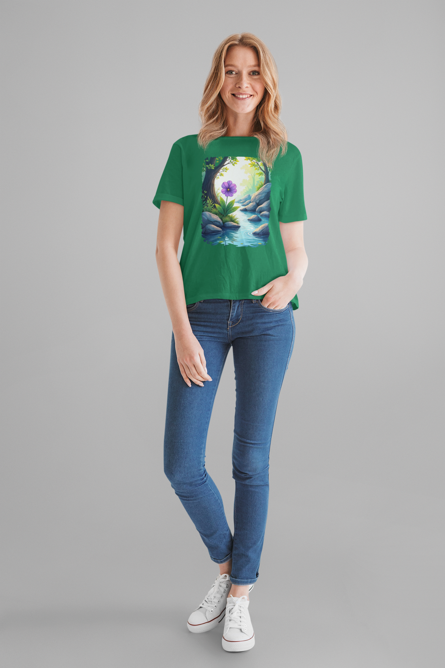 Tranquil Flower Creek T-Shirt – Nature Art Graphic Tee