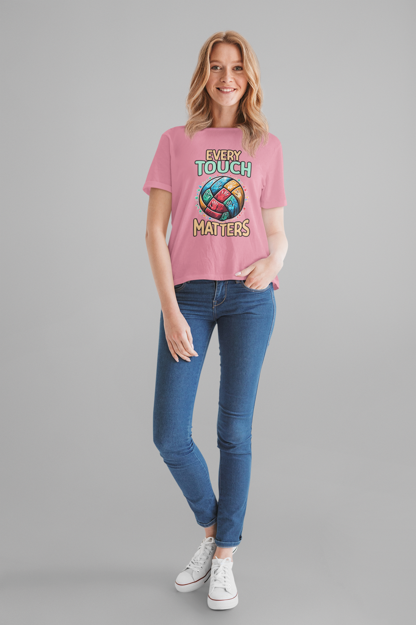 Every Touch Matters – Colorful Volleyball Handprints Graphic T-Shirt