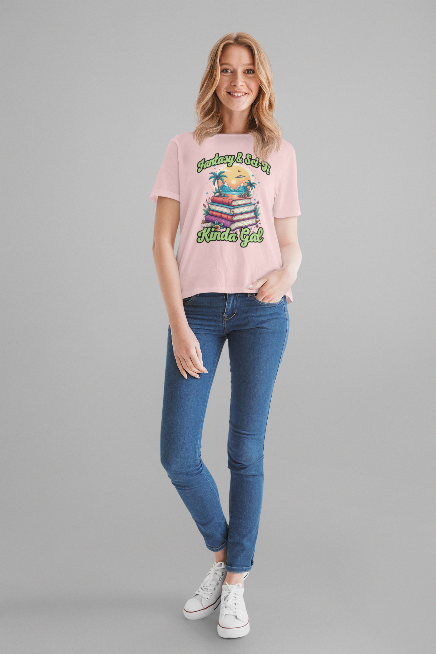 Fantasy And SciFi Kinda Gal Tshirt with Stacked Books with Flowers, Trees, Mountains and UFO
