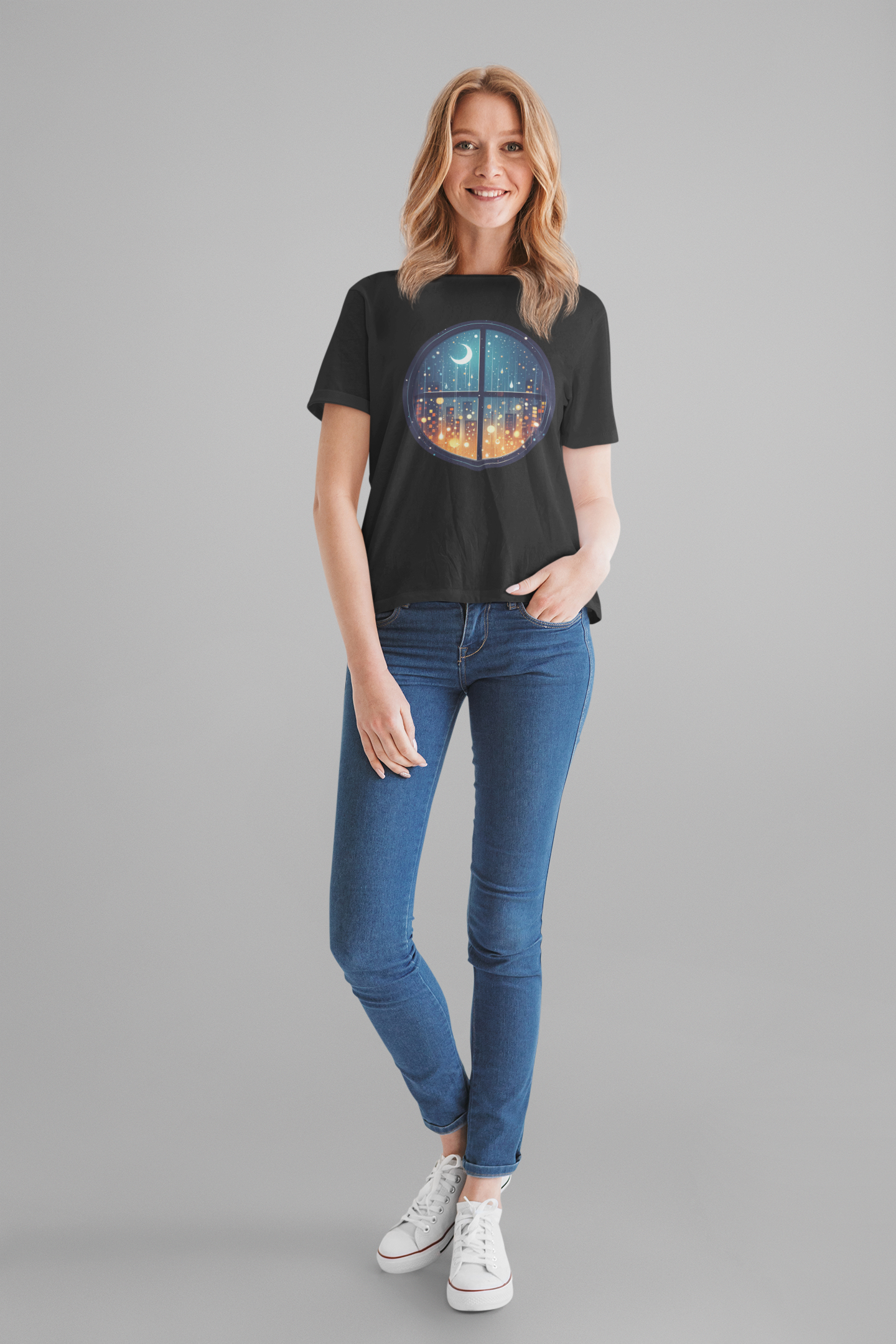 Dreaming Under Drizzles – Crescent Moon & Rainy Night in a City Window Graphic T-Shirt