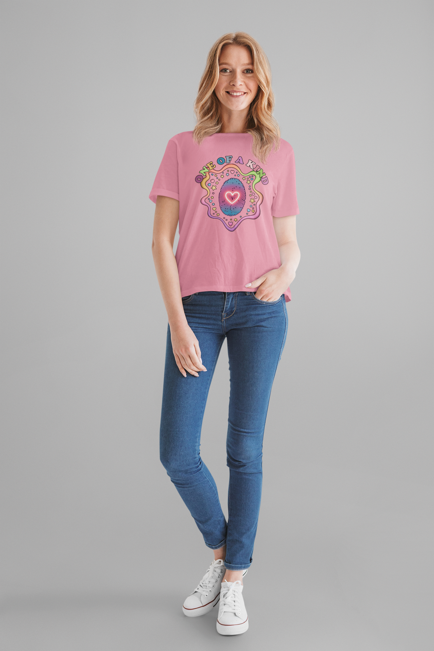 One of a Kind – Embrace Your Uniqueness Colorful Abstract Embryo with Fingerprint & Glowing Heart Graphic T-Shirt