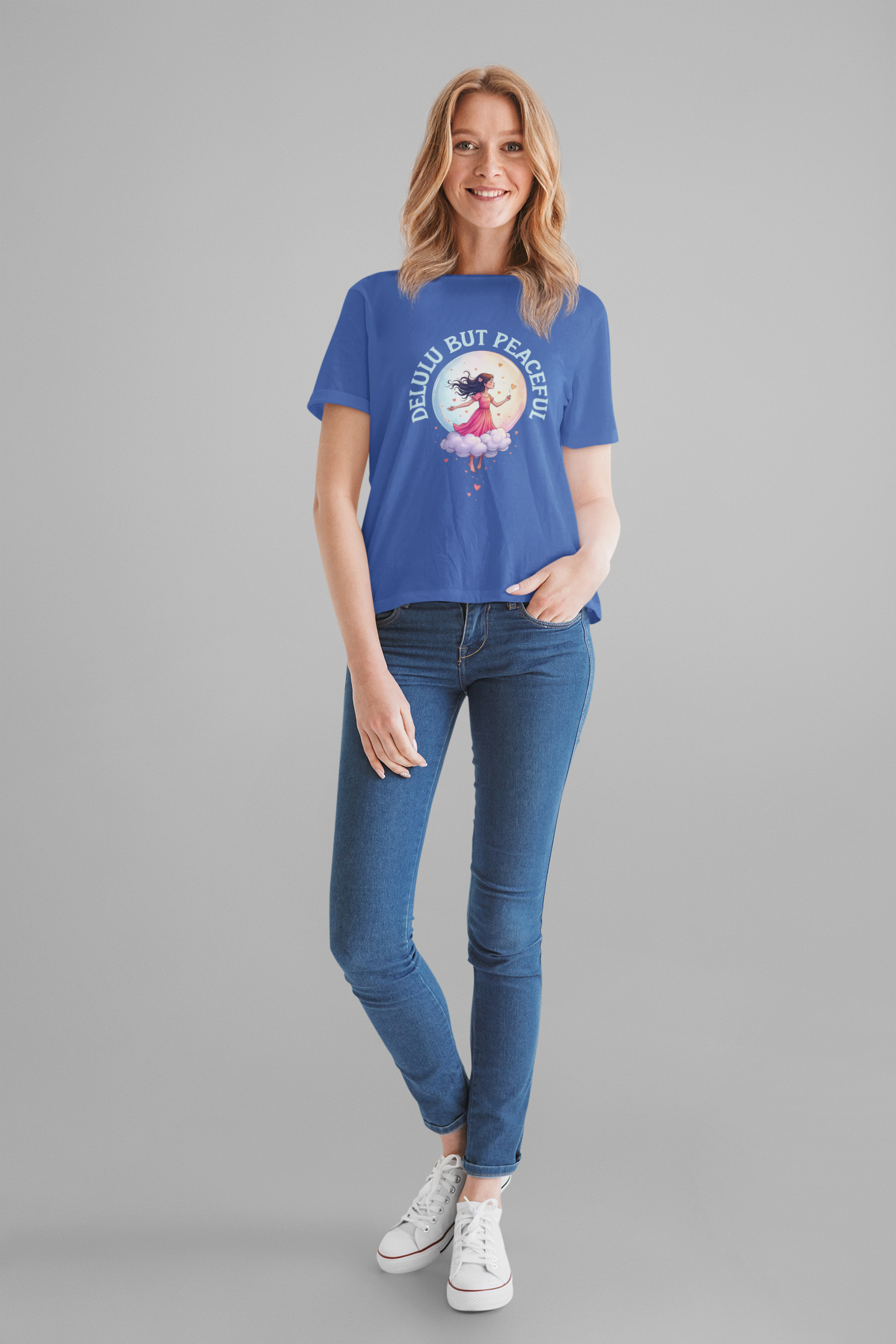 Delulu But Peaceful – Blissfully Unrealistic Floating Girl with Moon & Hearts Graphic T-Shirt