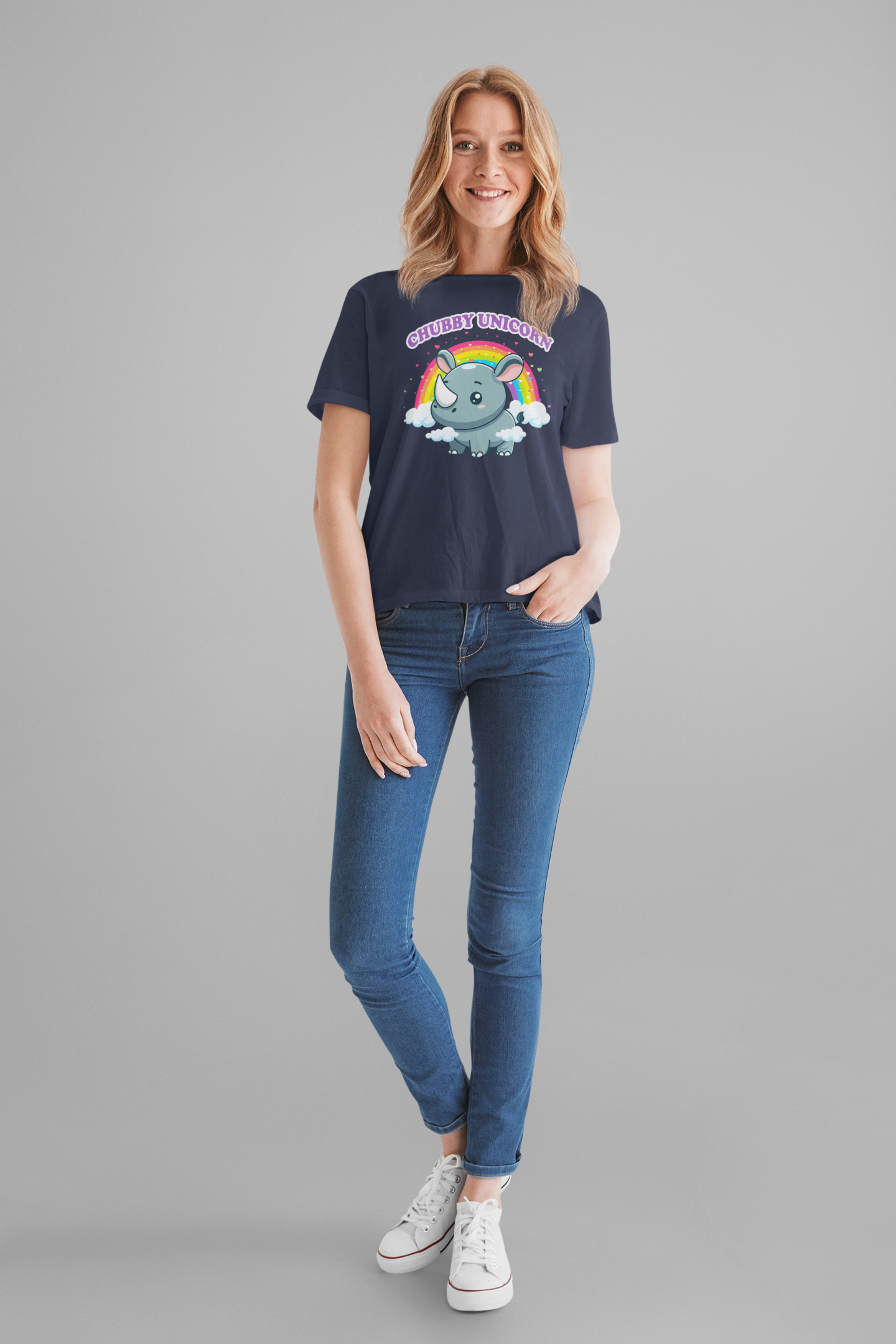 Chubby Unicorn T-Shirt – Cute Cartoon Rhino with Rainbow Graphic Tee