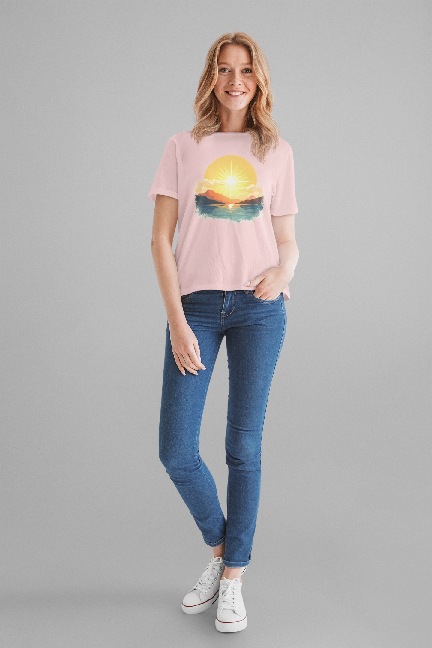 Sunset Mountain and Waterbody Landscape Graphic T-Shirt