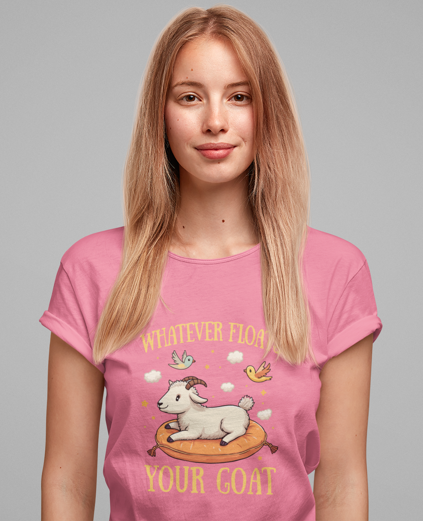 Whatever Floats Your Goat T Shirt – Happy Floating Goat with Clouds and Birds