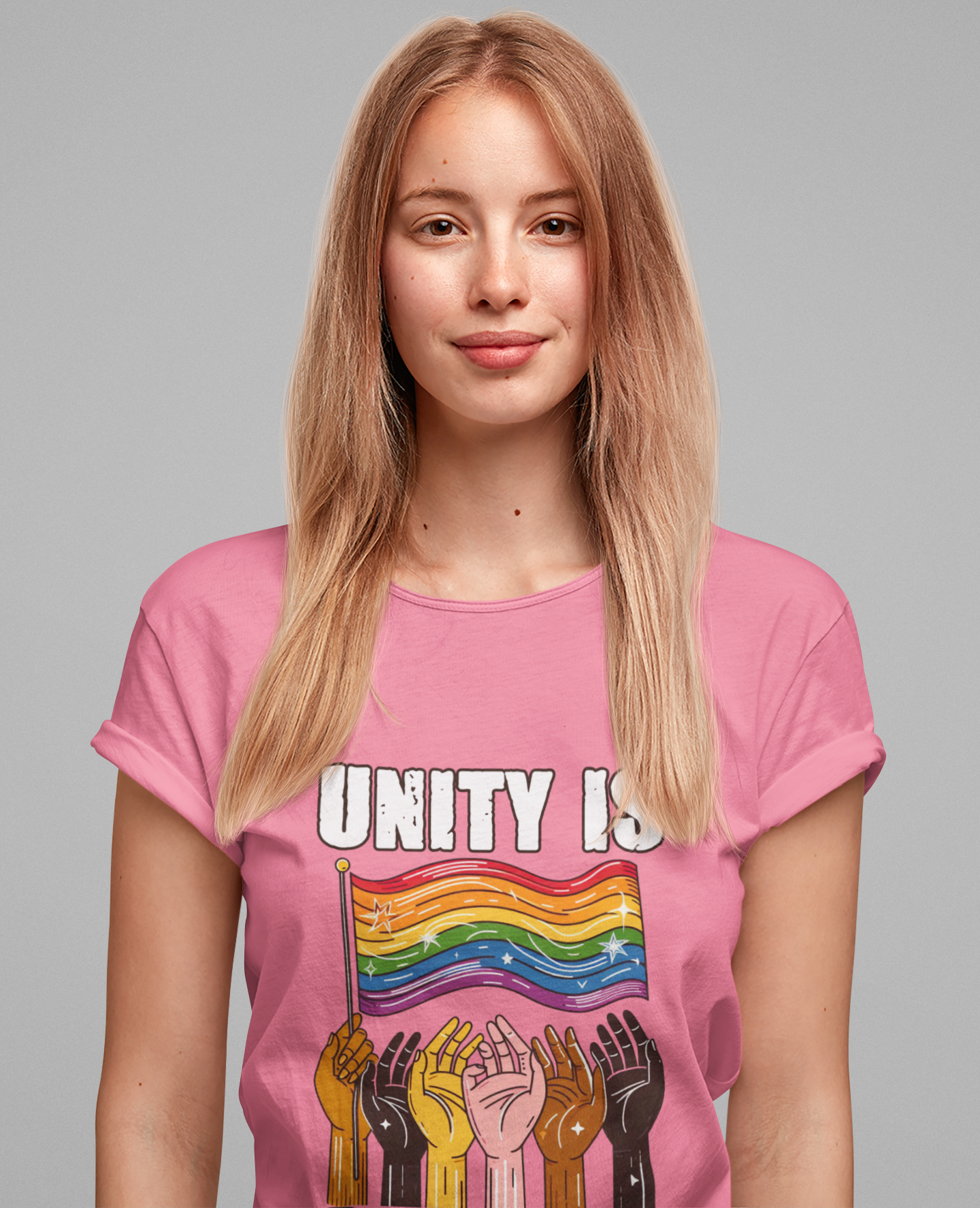 Unity Is Strength – Diverse Hands Holding Pride Flag Graphic T-Shirt