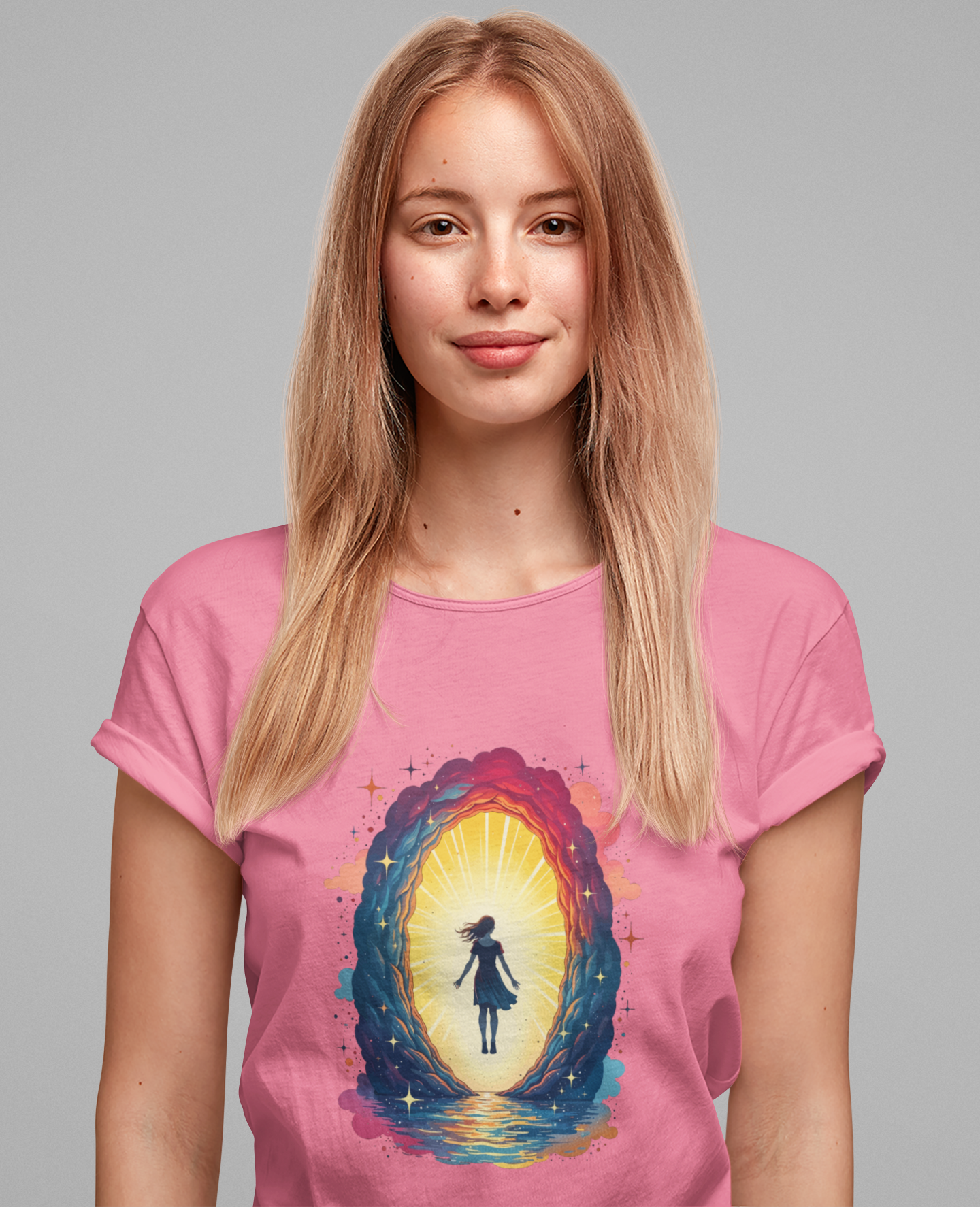 Interdimensional Chill – Floating Woman in Cosmic Portal Graphic T-Shirt