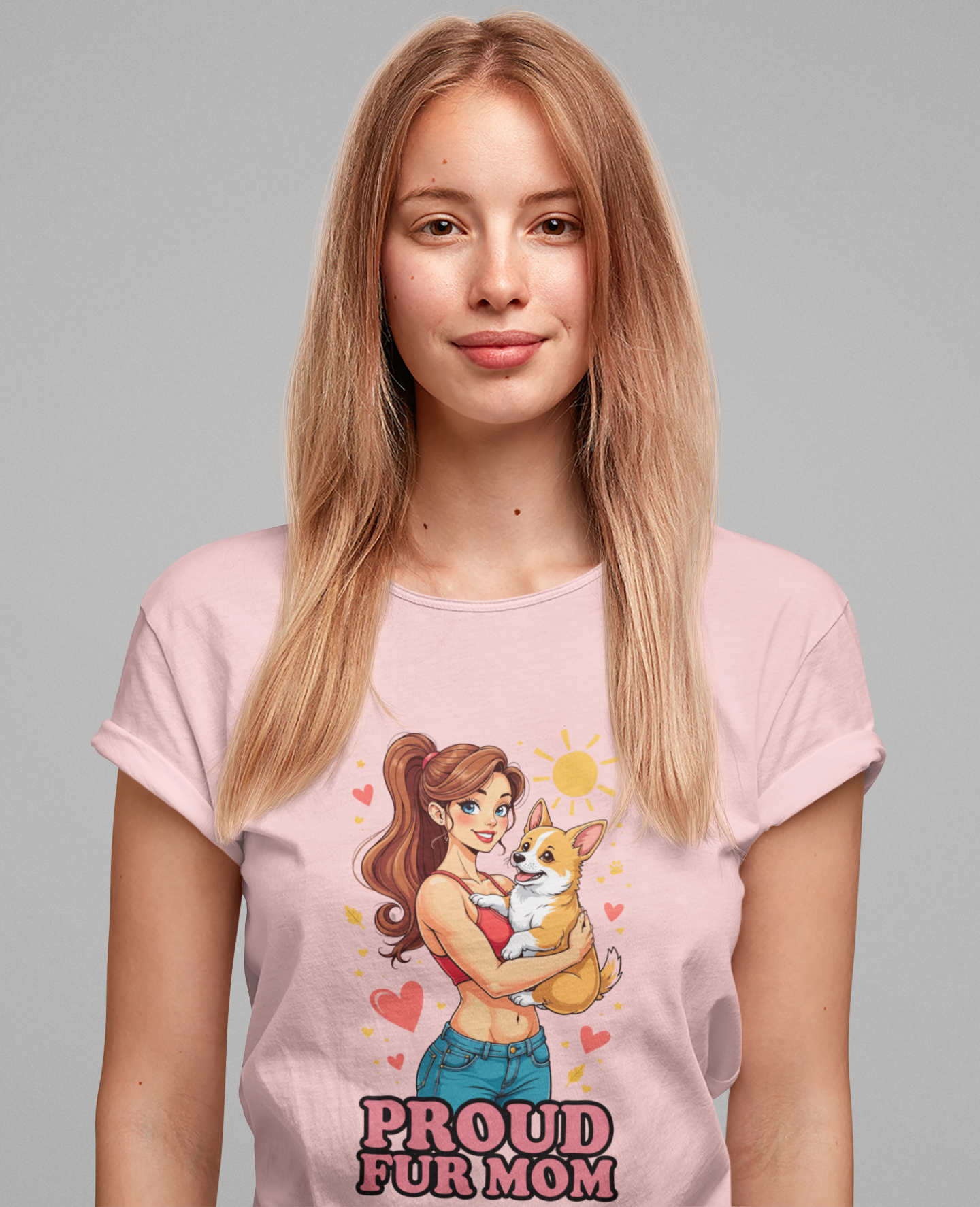 Proud Fur Mom – Happy Woman Hugging Puppy with Hearts and Sunshine Graphic T-Shirt