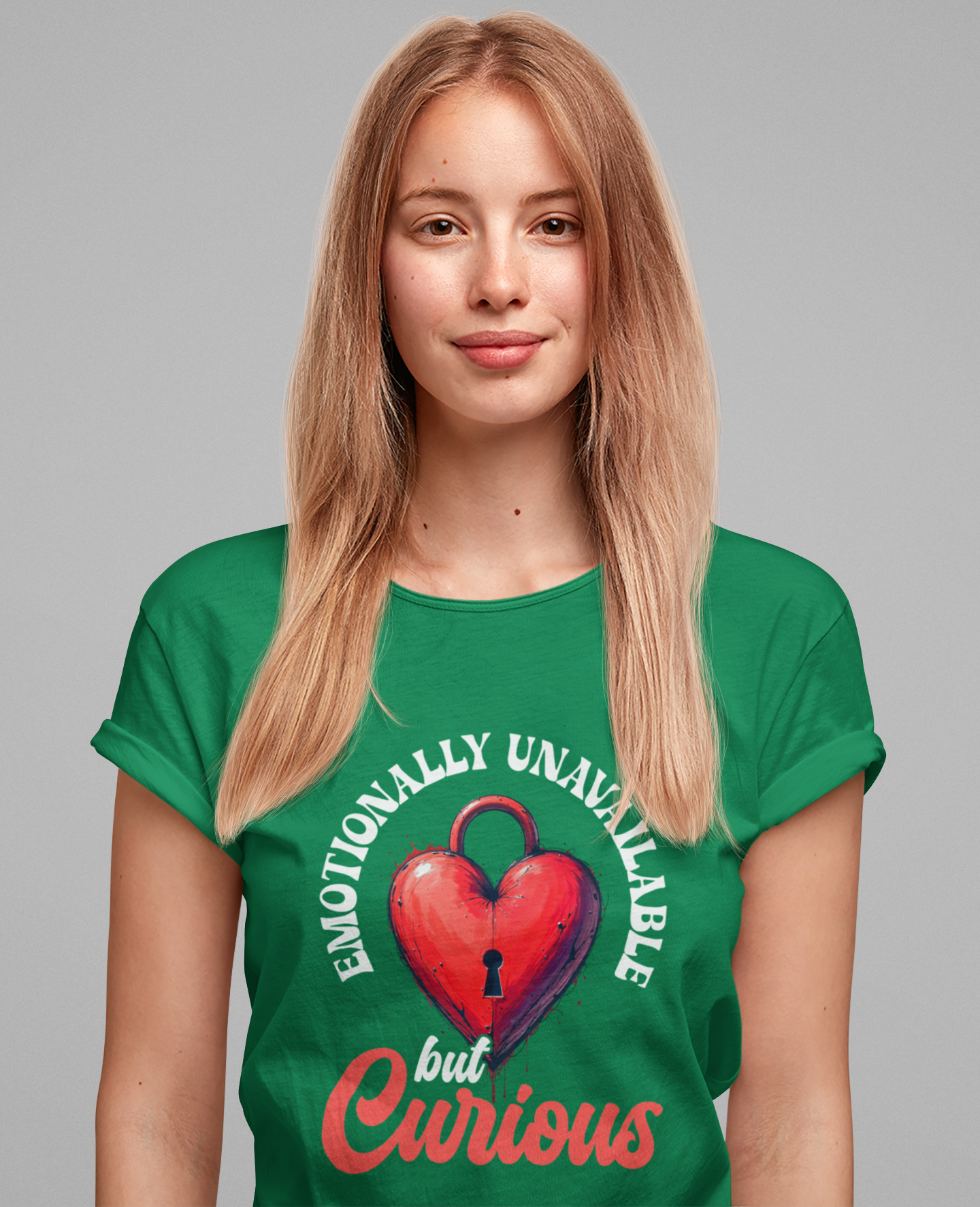 Emotionally Unavailable But Curious – Red Heart Lock Graphic T-Shirt