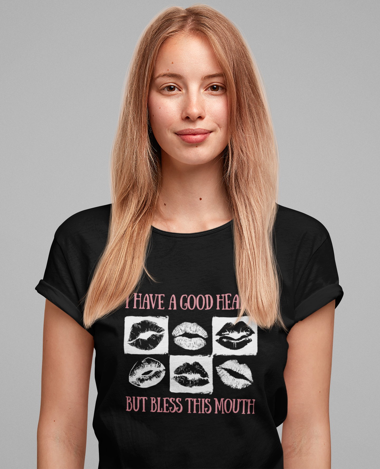 I Have a Good Heart But Bless This Mouth T Shirt – Six Black & White Lip Print