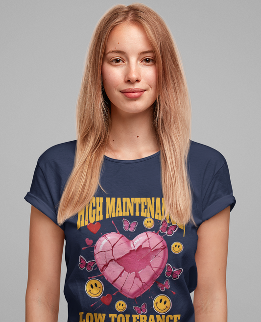 High Maintenance, Low Tolerance | Cracked Heart & Smiles Butterfly Graphic T-Shirt