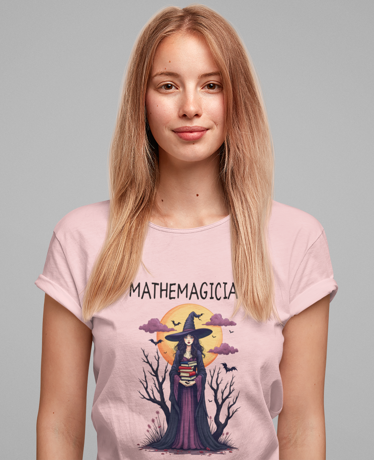 Enchanted Math Magician Tee – Witch with Books and Bats