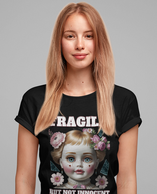 Fragile, But Not Innocent | Doll Face with Flowers & Cracks Graphic T-Shirt