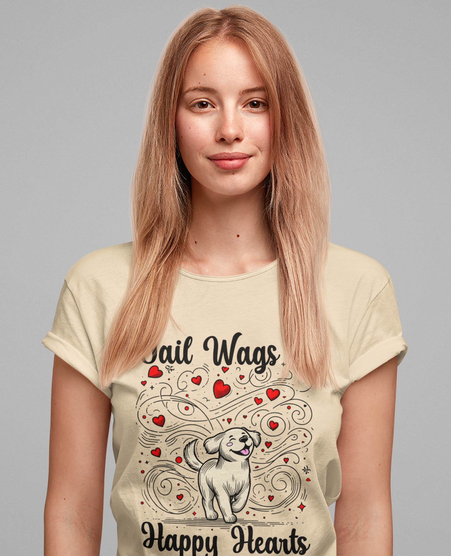 Tail Wags Happy Hearts | Smiling Puppy Walking with Flying Heart Emotions T-Shirt