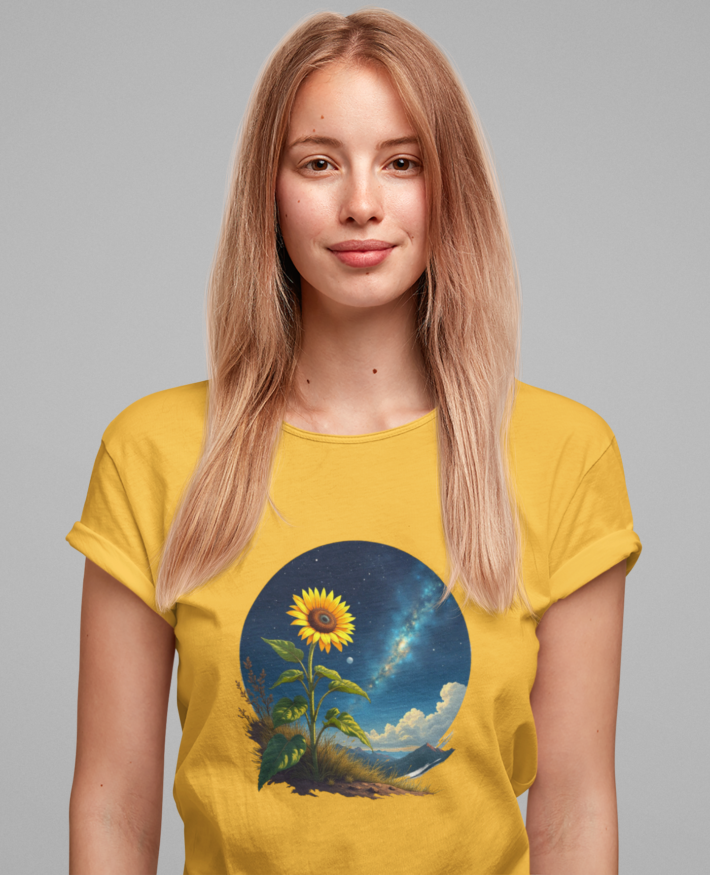 Cosmic Bloom Sunflower with Sky, Clouds & Mountains Reaction Graphic T-Shirt