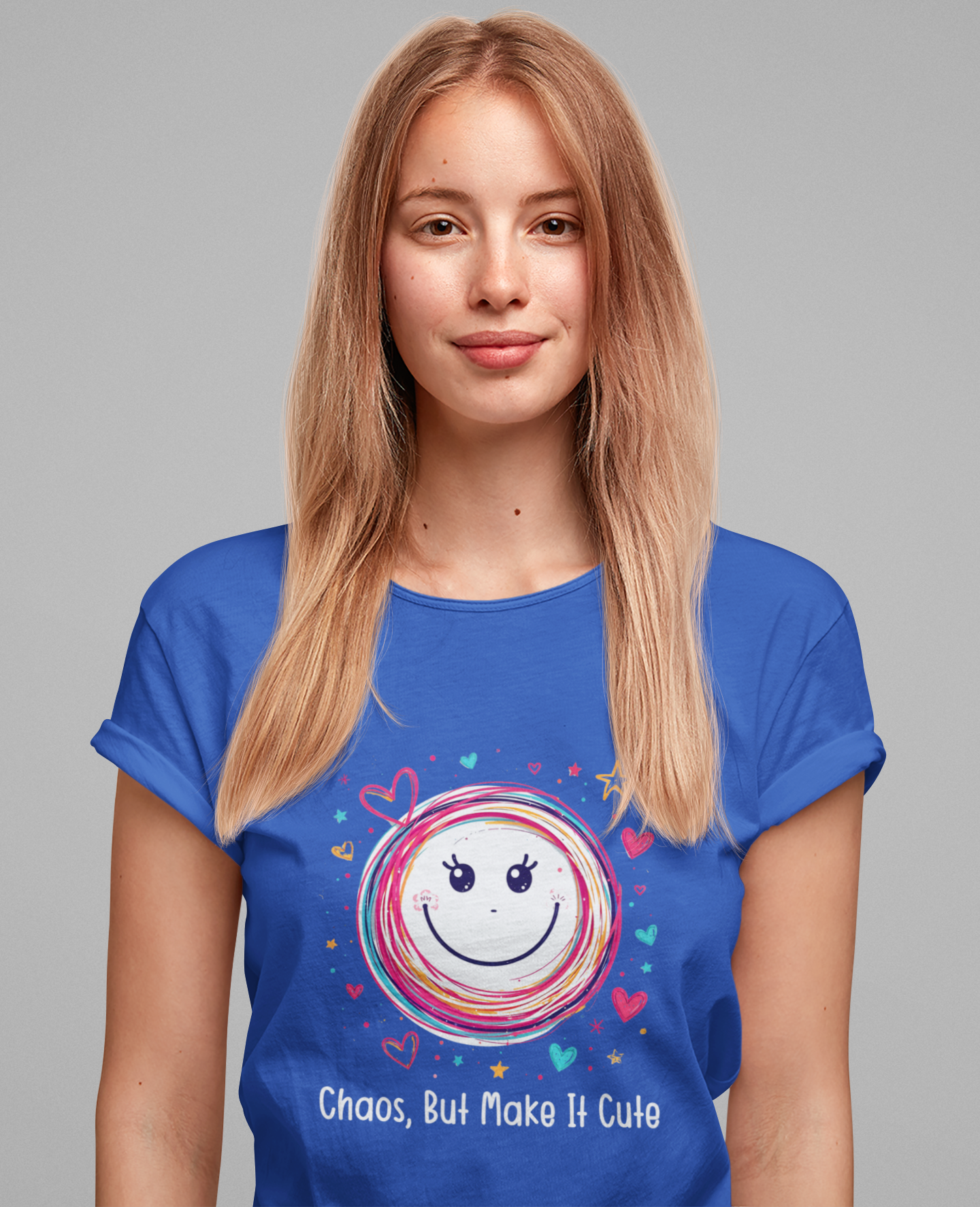 Chaos, But Make It Cute – Colorful Scribbled Circles with Smiley, Hearts & Stars Graphic T-Shirt