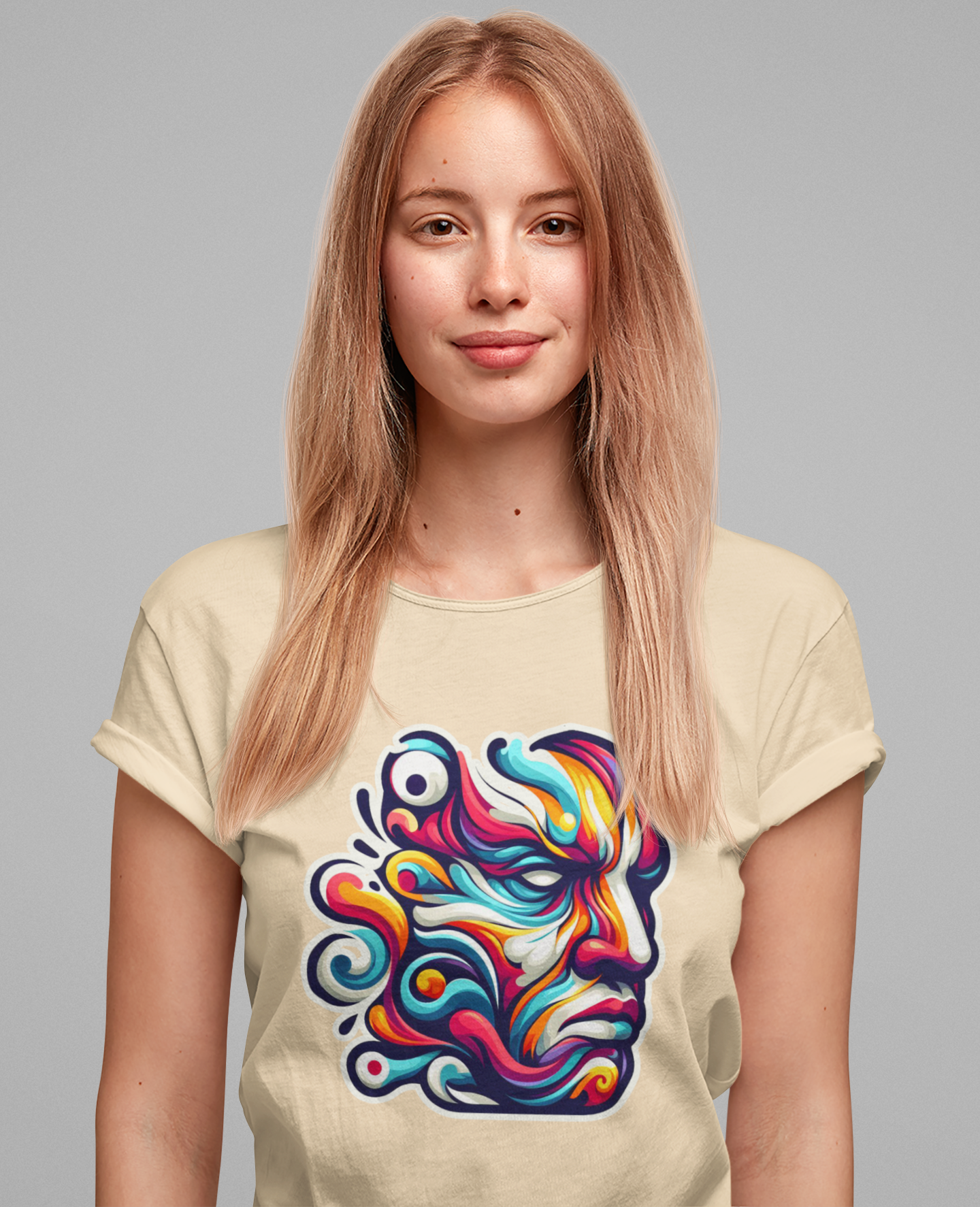 The Art of Expressionism Tshirt – Colorful Curved Strokes Forming a Vibrant Face