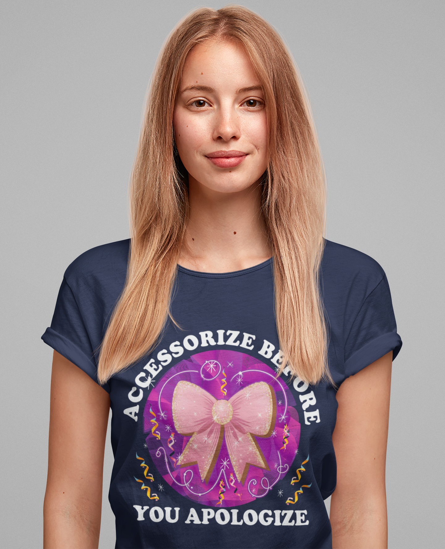 Accessorize Before You Apologize | Sparkling Bow & Confetti Graphic T-Shirt