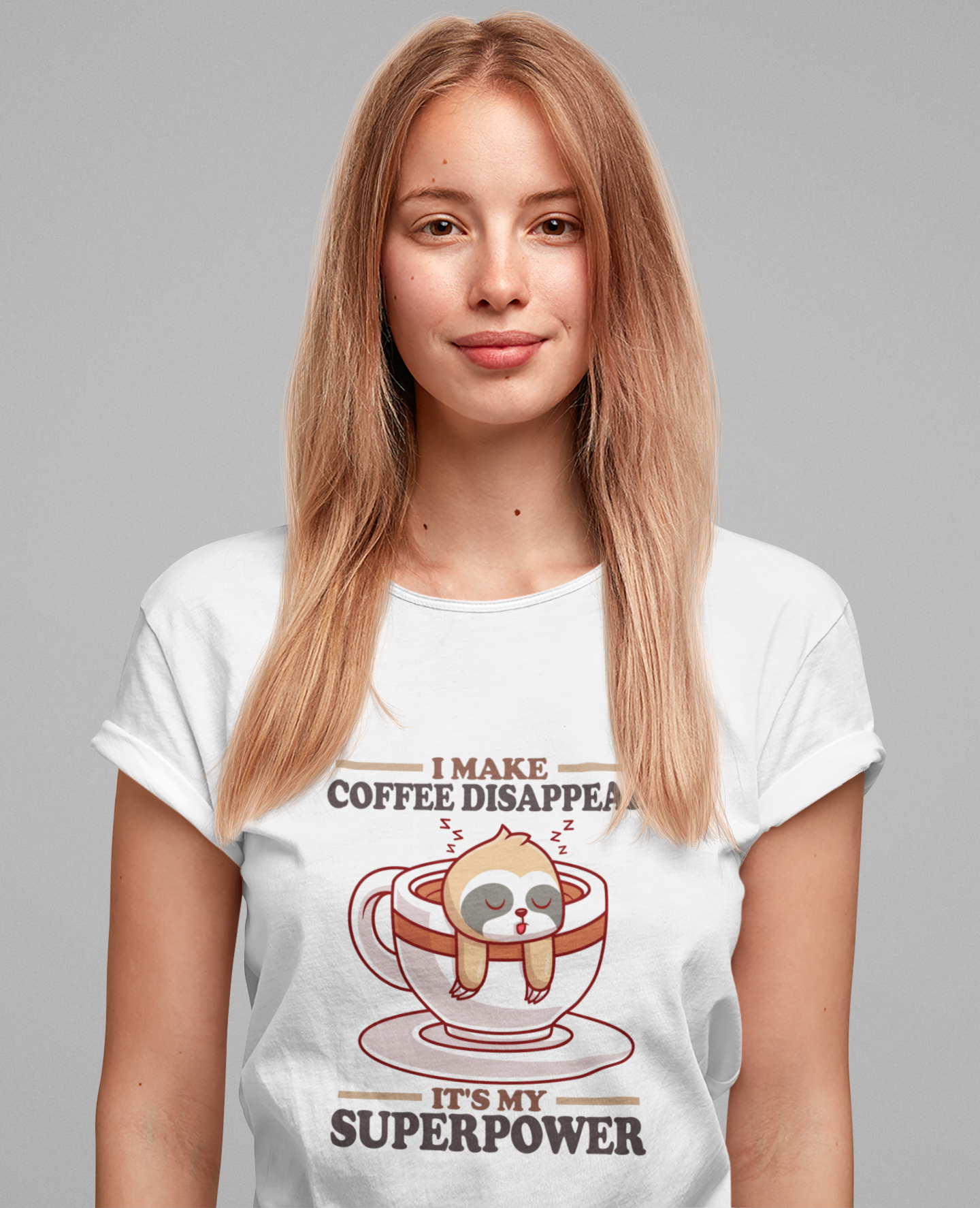 I Make Coffee Disappear T-Shirt – Sleepy Sloth Hanging From Coffee Cup Funny Super Power Graphic Tee