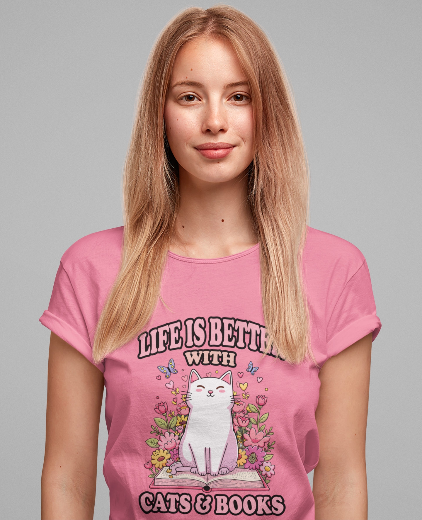 Life Is Better With Cat And Books Tshirt Cat Sitting on Open Book Flower Graphic