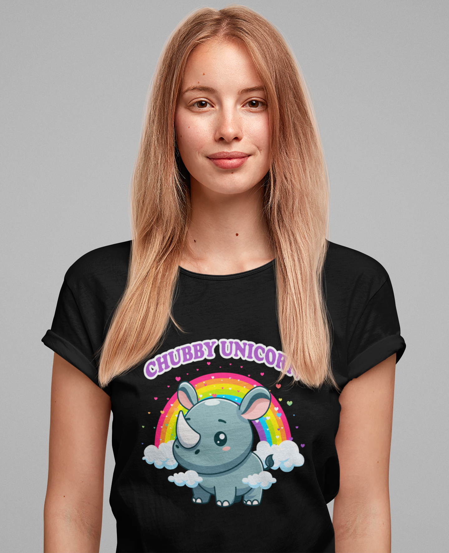 Chubby Unicorn T-Shirt – Cute Cartoon Rhino with Rainbow Graphic Tee
