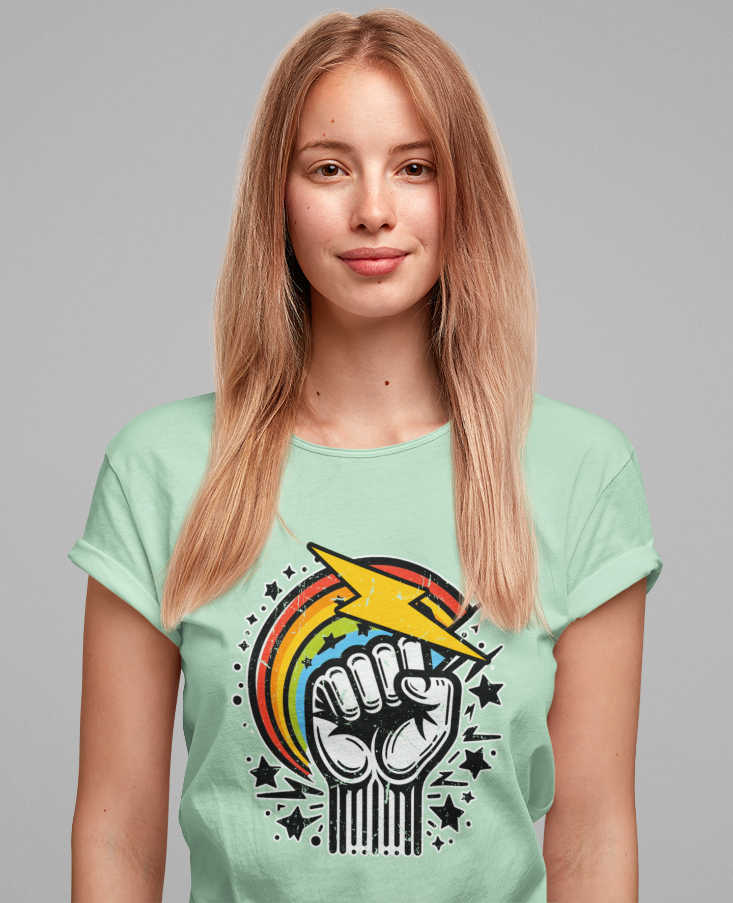 Rainbow Power & Pride – Raised Fist with Lightning Bolt and Rainbow Graphic T-Shirt